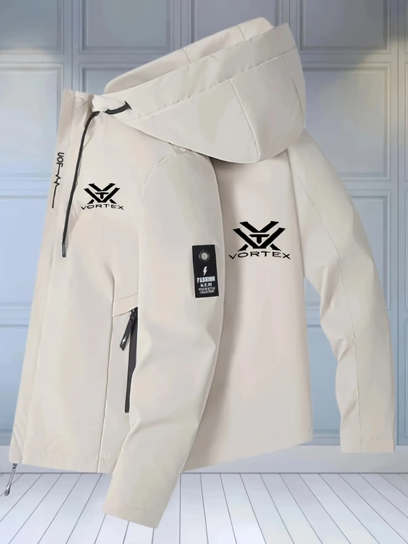Men's Vortex Letter and Geometric Print Lightweight Hooded Jacket, Zip Closure, Windproof, Polyester, Multiple Pockets, Adjustable Drawstring Hat