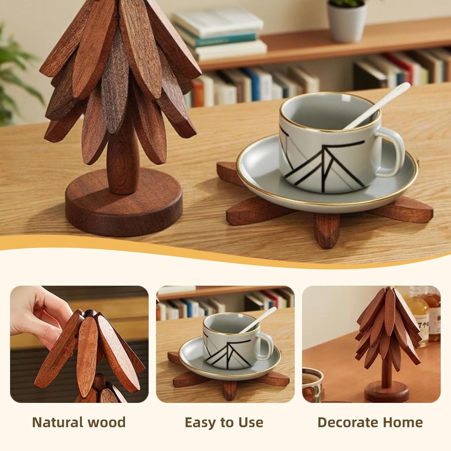 1 set of wooden insulating mats, wooden tree-shaped insulating mats, tree-shaped coaster sets, foldable wooden placemats, 5-piece sets (5 insulating mats+1 bracket), Wooden Coasters, suitable for hot pots/bowls/teapots, kitchen decoration, kitchen gadgets
