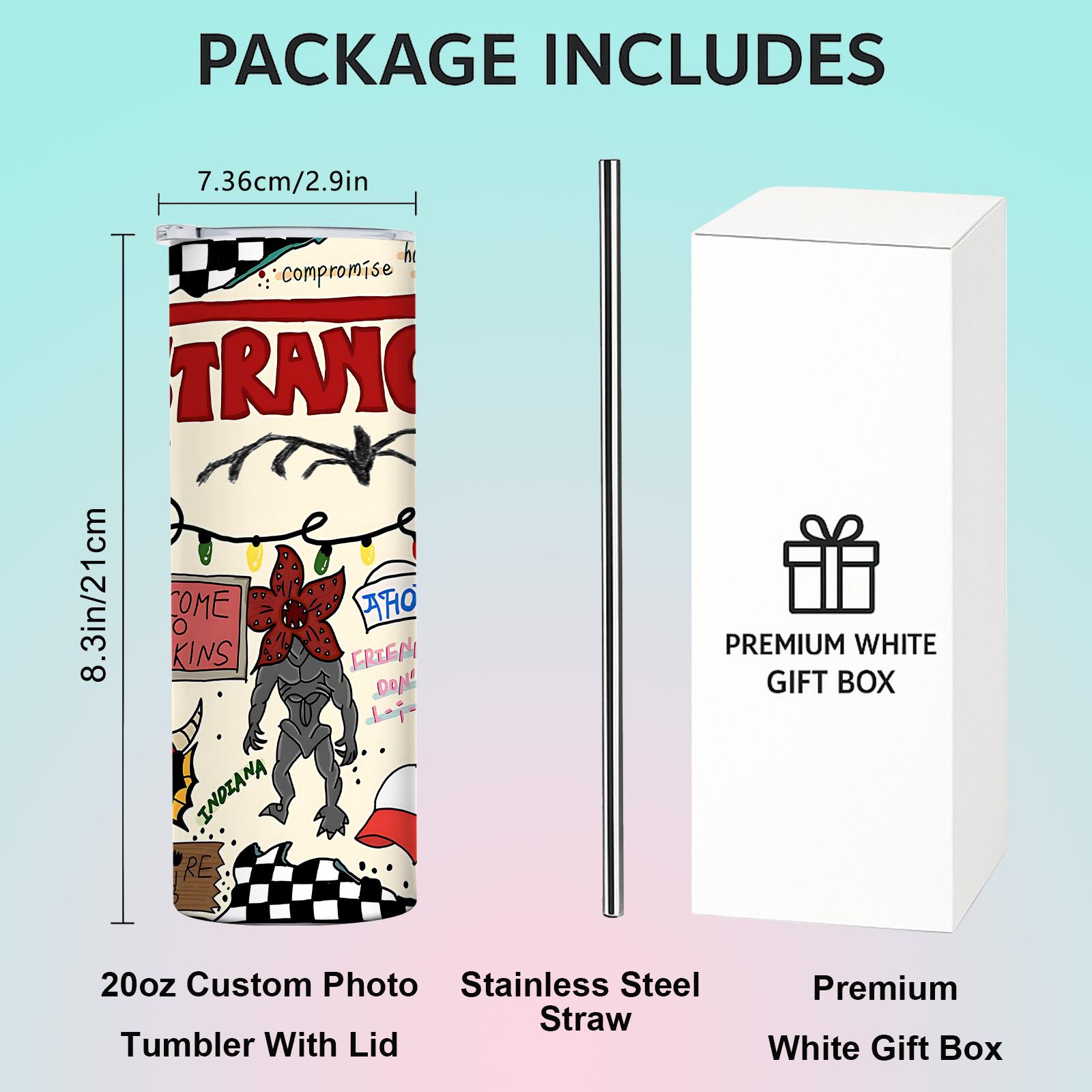 1 Pc 20oz Skinny Vacuum Cup, Tumbler, Funny Dad Tumbler, Insulated Travel Drinkware, Retro 80s sci fi doodle collage, monster art, double wall steel, leak proof lid, keeps hot 12 hours, cold 24 hours, movie fan gift, gift for friends