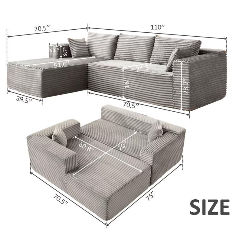 【TikTokShopBlackFriday】【Two Packages】Modular L-Shaped Sectional Sofa with Chaise, Deep Seat Corduroy Couch for Living Room, Bedroom, Apartment, Minimalist Sleeper Sofa, No Assembly Required