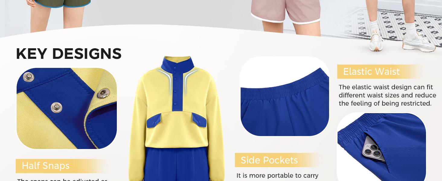 Fisoew Womens 2 Piece Outfits Sweatsuits Casual Snap Color Block Sweatshirts Running Shorts Sets Fall Loose Tracksuits FallFreshness SpringStatements