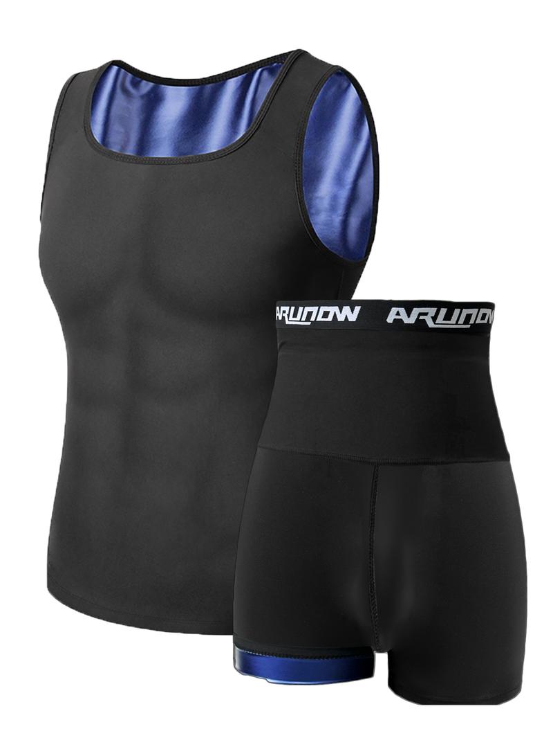 Men's Plain Scoop Neck Tank Top & Letter Tape High Waist Shorts Sweat Sauna Suit Set, Sleeveless Sports Top & Skinny Shorts, Workout Gym Yoga Exercise Clothing Set for Men