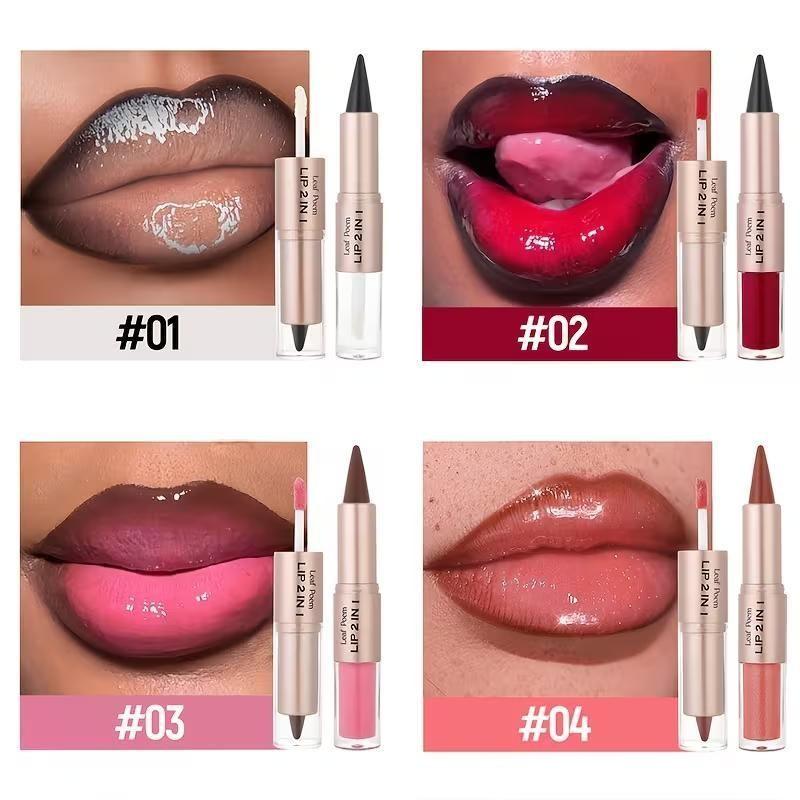 2-in-1 Dual-Ended Lip Gloss & Lipstick - Matte lip liner to outline lips, mirror-like glossy lip gloss, long-lasting color that doesn't smudge on cups, berry tones, anti-slip bullet design, 8 colors available, Cosmetic, Lip Product