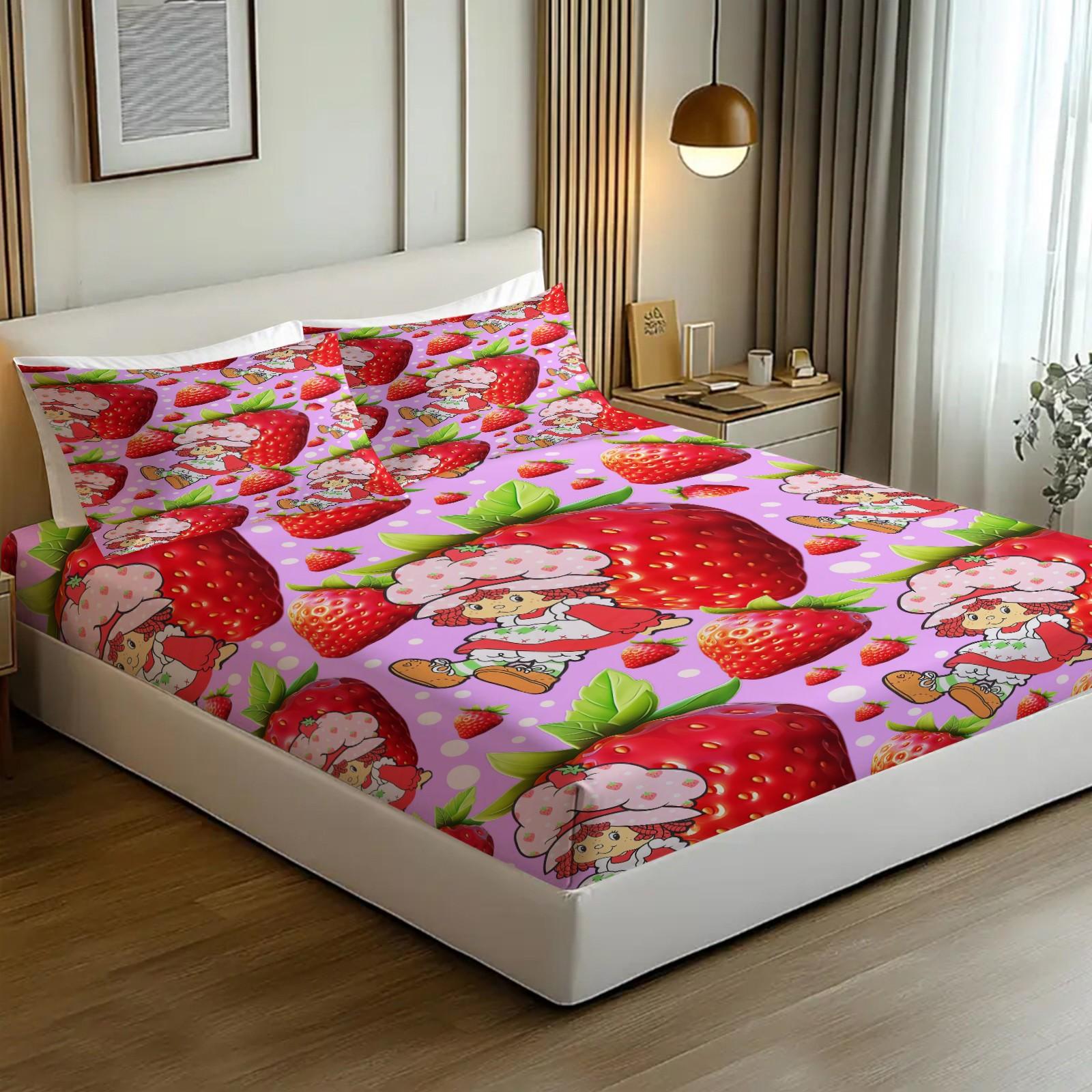Anime Strawberry Girl Fitted Sheet Set, 1 Fitted Sheet + 2 Pillowcases - 3 Pcs Soft Breathable Bedding with Deep Pocket, 360° All-Round Wrap, Wrinkle Resistant, Cute Strawberry & Cat Cartoon Bed Sheets for Girls, Full Size
