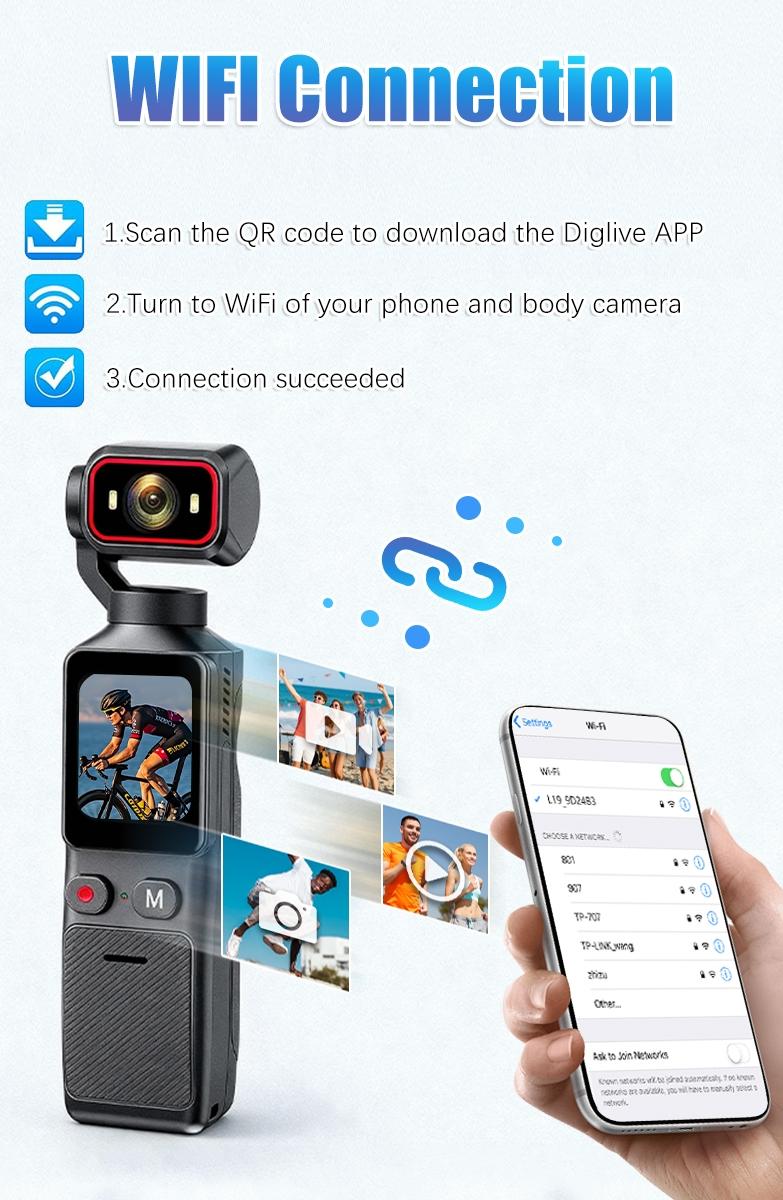 Handheld Stabilizer Pocket Camera, Portable 4K Ultra HD Camcorder, 180° Rotating Lens, 1.69 Inch Touchscreen, USB Rechargeable