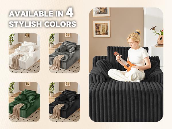 63" Oversized Chaise Lounge Chair Indoor, Boneless Couch Chair with 3 Pillows, Comfy Reading Chair with Wide Arms, No Assembly Required Corduroy Couch, Sleeper Sofa for Living Room