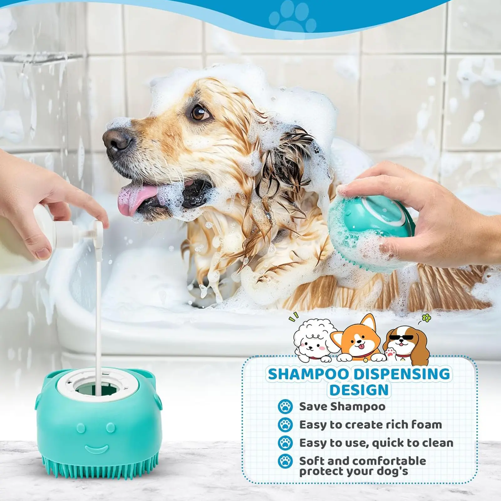 2PC Pet Bath Soap Dispenser Massage Brush, Silicone Massager Shampoo Dispensing Brush with Soft Bristles for Dogs and Cats, Pets Shower Massage Brush
