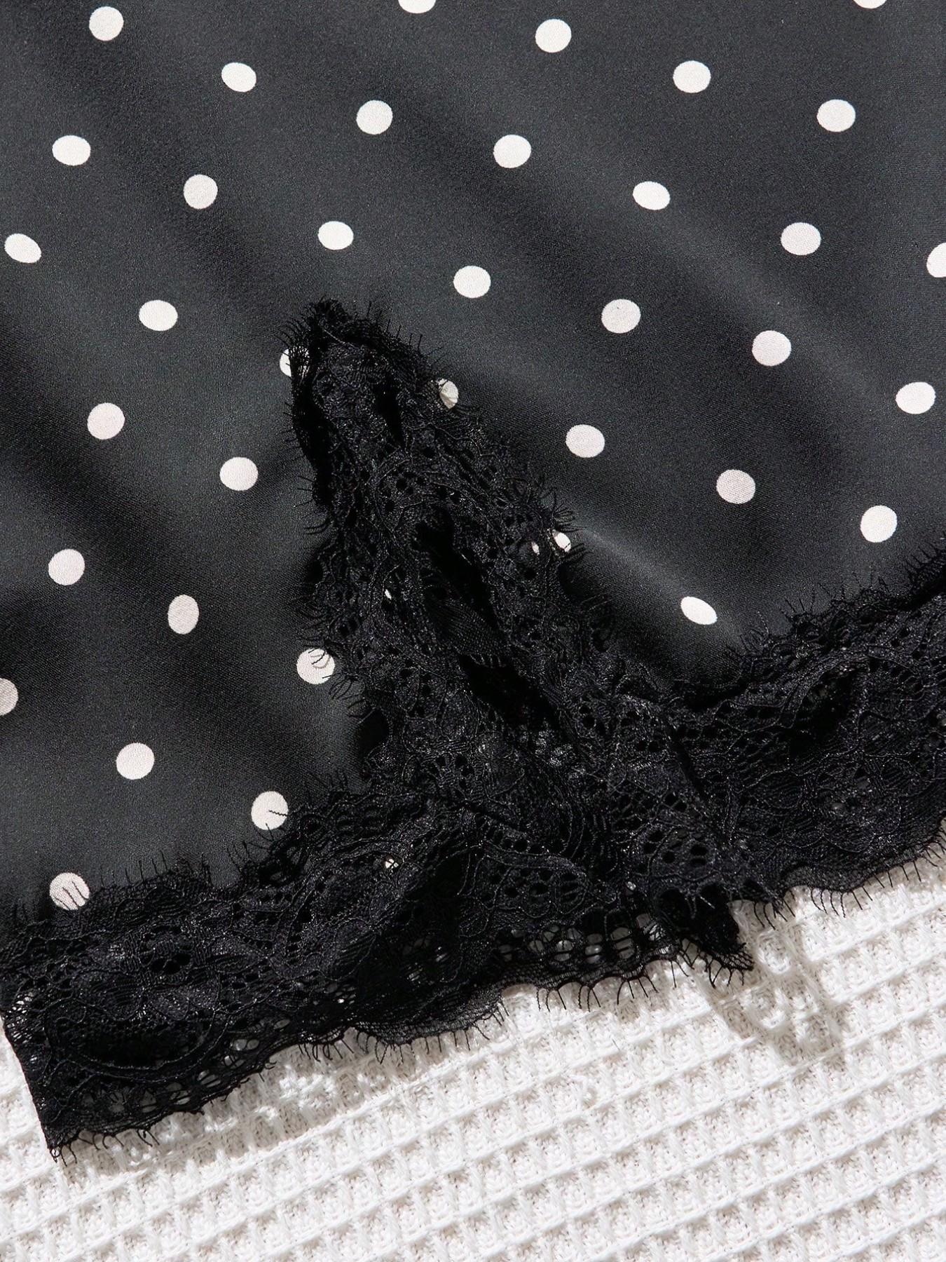 Polka Dot Satin Lace High Waist A-Line Mini Skirt, Elegant Vintage Smooth Casual Flowy Short Dress for Women