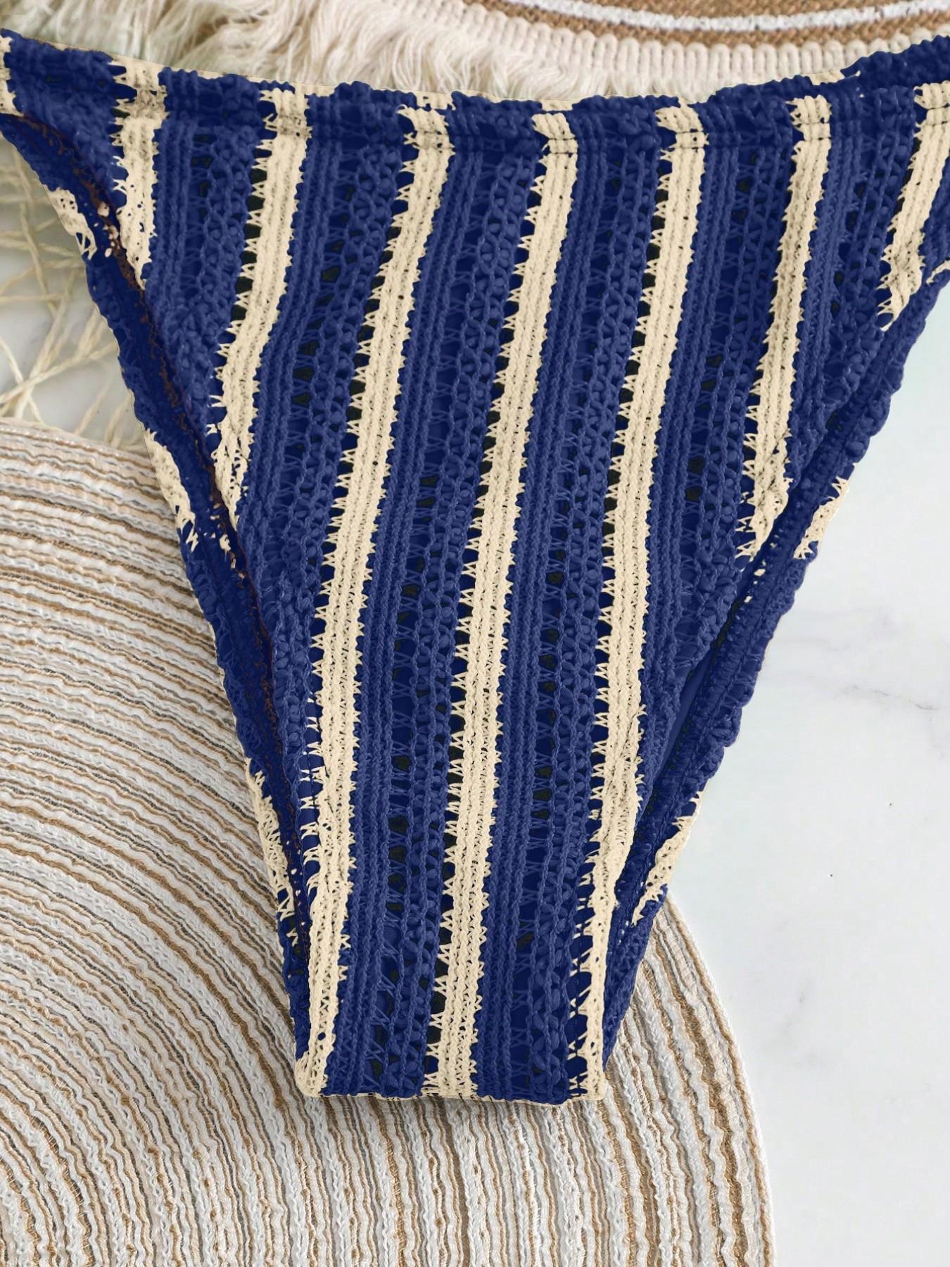 Women's Sweet Spicy Blue Striped Knit Three-Piece Swimsuit Set, High-Waisted Shorts, Sleeveless, Casual Beach Vacation, Halter Bikini Set