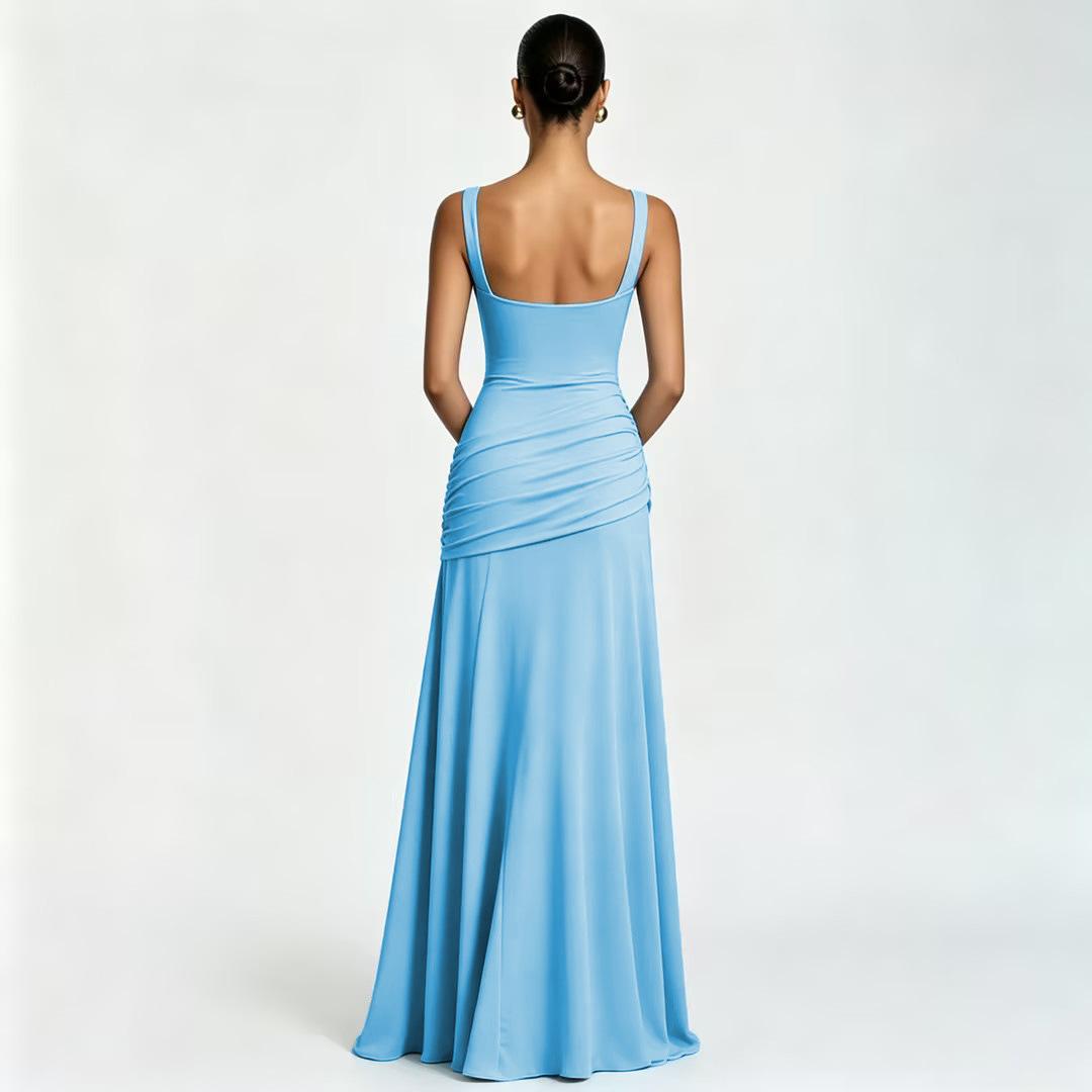 Women's 2026 Spring Summer Sleeveless Solid Color Cinched Waist Flared Formal Dress, European American Elegant Cocktail Party Evening Dress