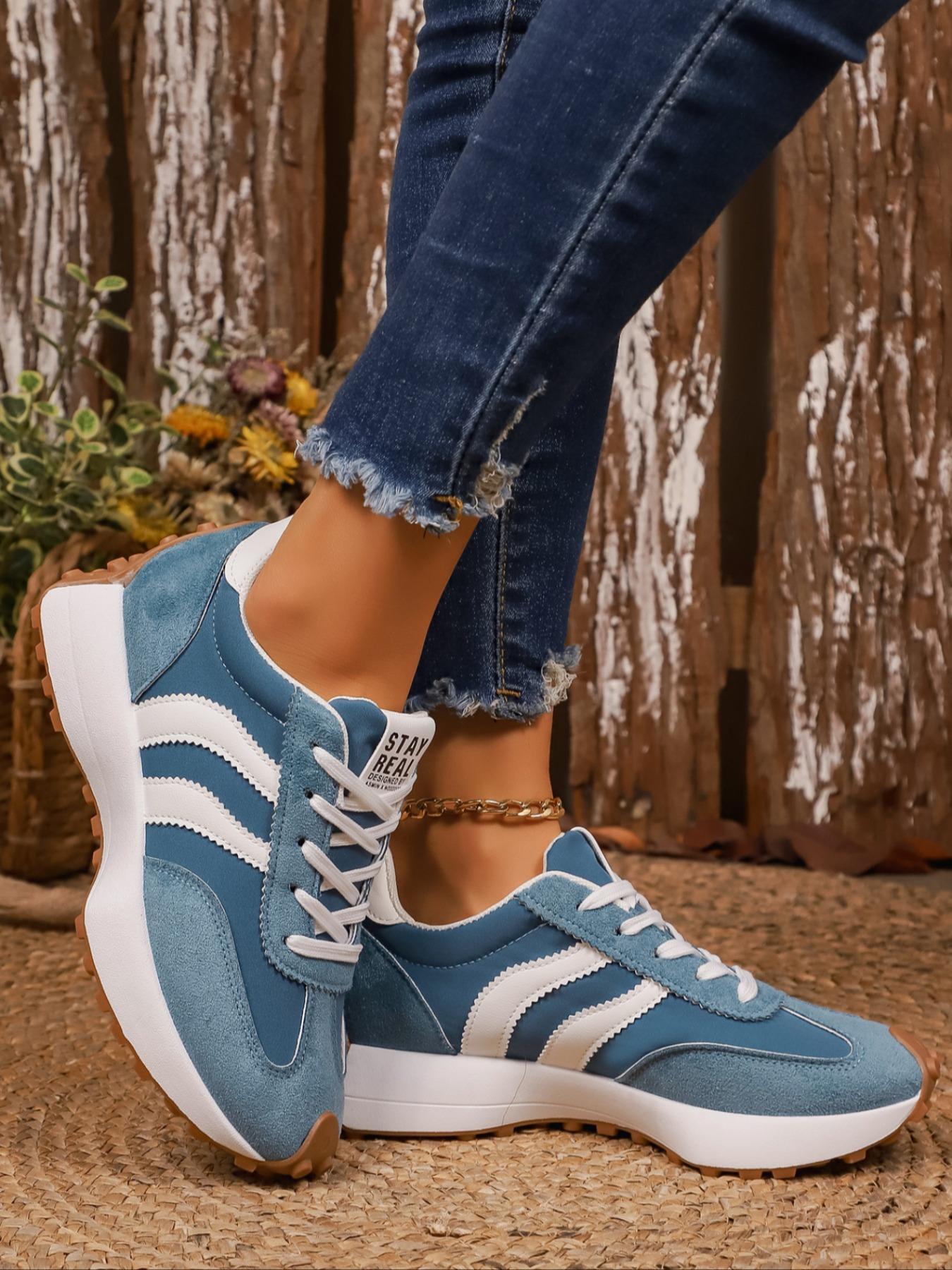 Women's Striped Sporty Shoes, Soft Sole Comfortable Waterproof Casual Sneakers, Trendy Walking Sneaker, Low Top Sneaker, Thick Breathable Easy Clean Anti-Slip, Spring & Fall Wear