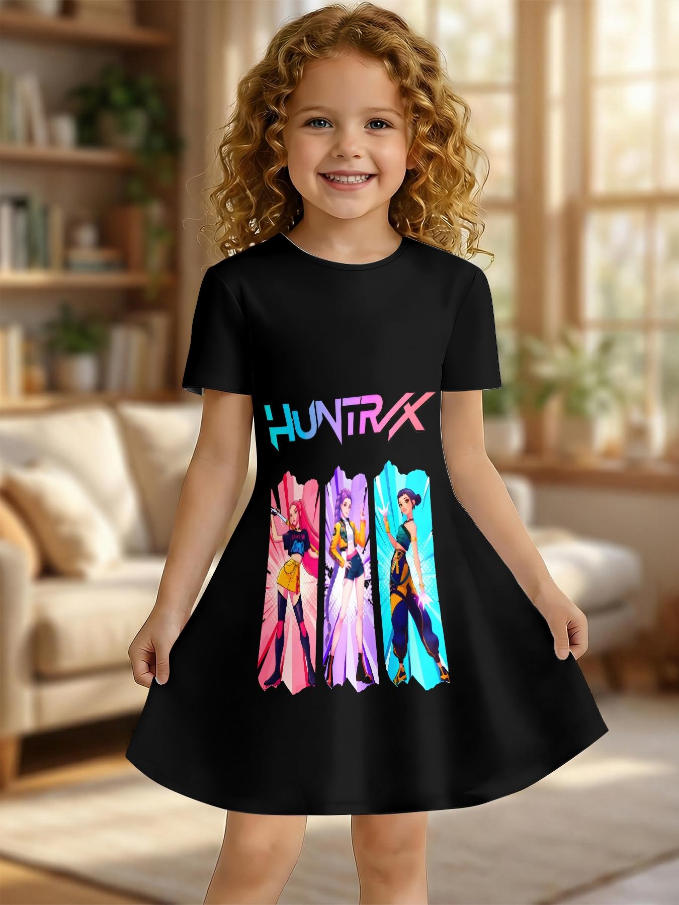 Trendy Idol Style Cartoon Girl Print Kids Dress, Girls Summer Short Sleeve Pleated Skirt, Baby Personalized Versatile Dress