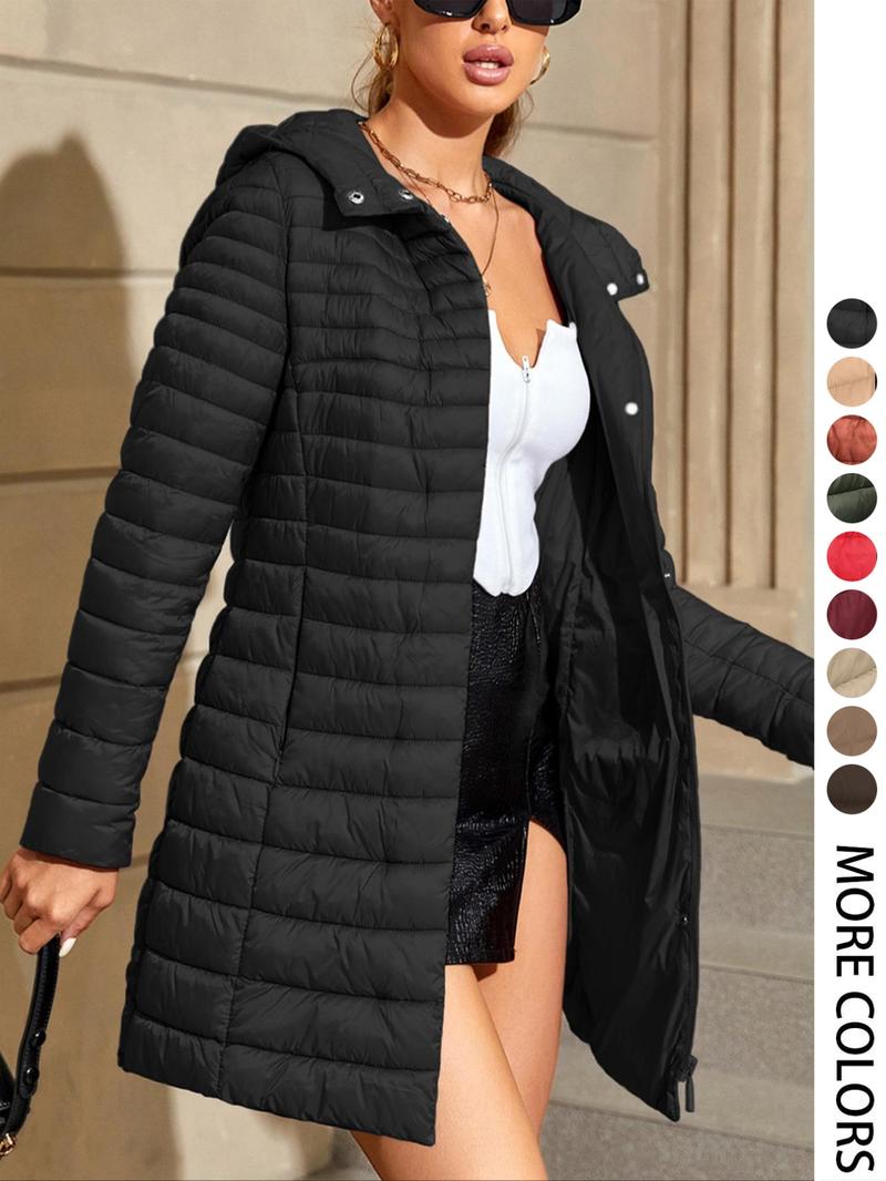 Women's Plus Size Long Puffer Coat for Fall Winter, Warm Hooded Coat with Pockets, Casual Fitted Outerwear, Elegant Commuter Style Clothes