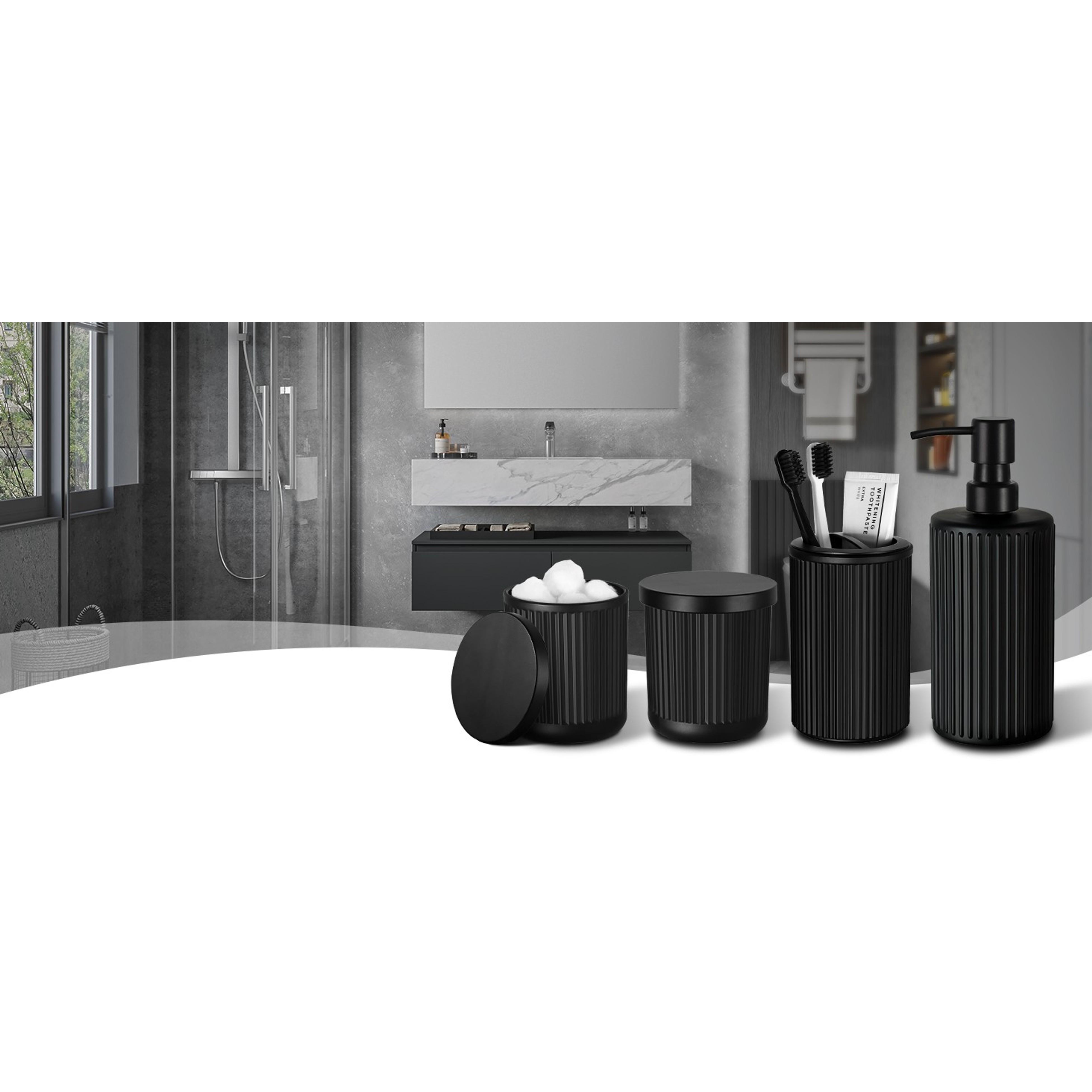 Matte Black 4-Pc Glass Bathroom Accessories Set - Stainless Steel Pump Soap Dispenser, Toothbrush Holder, Wipe-Clean Organiser, Qtip Holder for Modern Home Sink Decor