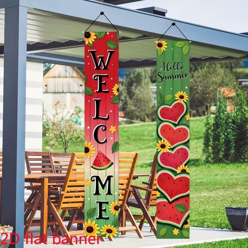 Welcome Hello Summer Porch Banners Set, Watermelon Sunflower Vertical Door Signs, Summer Farmhouse Garden Decor, Festival Decorations