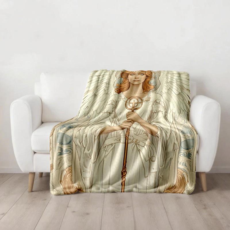 1 piece White-clad angel holding a staff, holy angel image themed flannel blanket - Oversized fluffy warm sofa blanket, flannel for beds, all-season multi-purpose, modern style, machine washable, digital print design, 100% polyester, suitable for