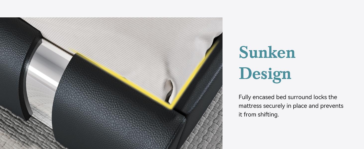 HOOMIC Modern Faux Leather Platform Bed Frame【Frame Only No Mattress】with Iron Pieces Decor,Low Profile Platform Bed with Height-adjustable Headboard,Solid Wood Slat Support,No Box Spring Needed,Queen/King Size