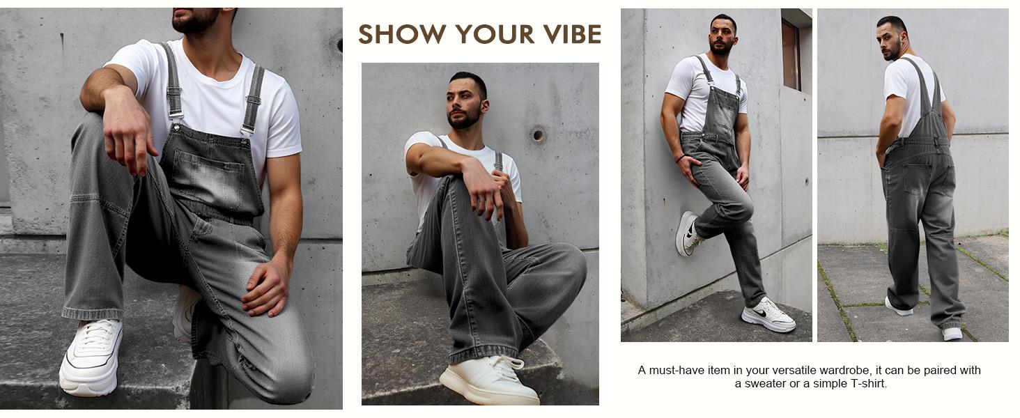 Runcati Men's Denim Bib Overall Jean Romper Casual Fashion Workwear Adjustable Strap Loose Fit Hip Hop Jumpsuit