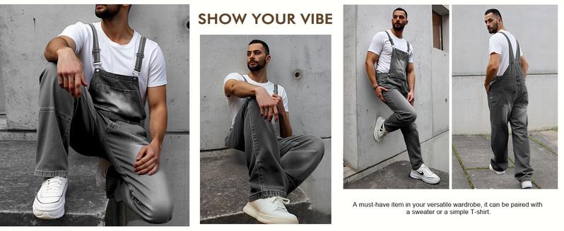 Runcati Men's Denim Bib Overall Jean Romper Casual Fashion Workwear Adjustable Strap Loose Fit Hip Hop Jumpsuit