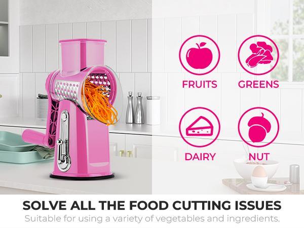 Susteas Pink rotary veggie chopper - 5 stainless steel blades for quick slicing, dicing & grating! BPA-free, easy to use Kitchen Shredder Kitchen Gadgets Utensils Ergonomic Grater with Suction Base Susteas Pink rotary veggie chopper - 5 stainless steel blades for quick slicing, dicing & grating! BPA-free, easy to use Kitchen Shredder Kitchen Gadgets Utensils Ergonomic Grater with Suction Base