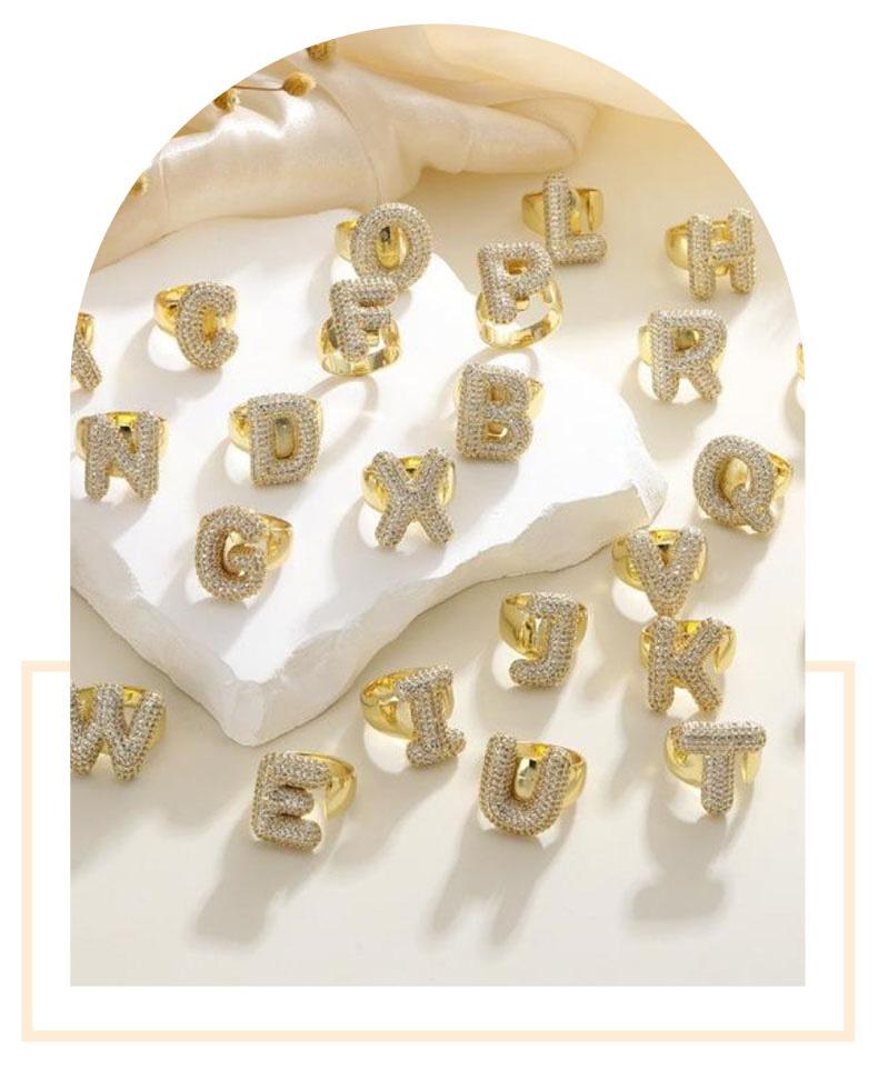 GGRIL Bubble 14K Gold Plated initial rings for women chunky golden rings bubble A-Z initial ring adjustable rings for women open letter ring