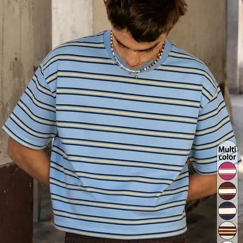 Men's Cropped Short Sleeve Striped T-Shirt, Blue Stripes, Trendy Casual Streetwear Top, All-Season Outdoor Wear