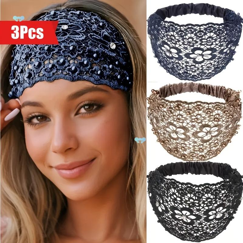 3pcs Elegant Lace Floral Headbands for Women Bride Wedding Hair Accessories with Pearls & Rhinestones Aesthetic Gift for Bridesmaids