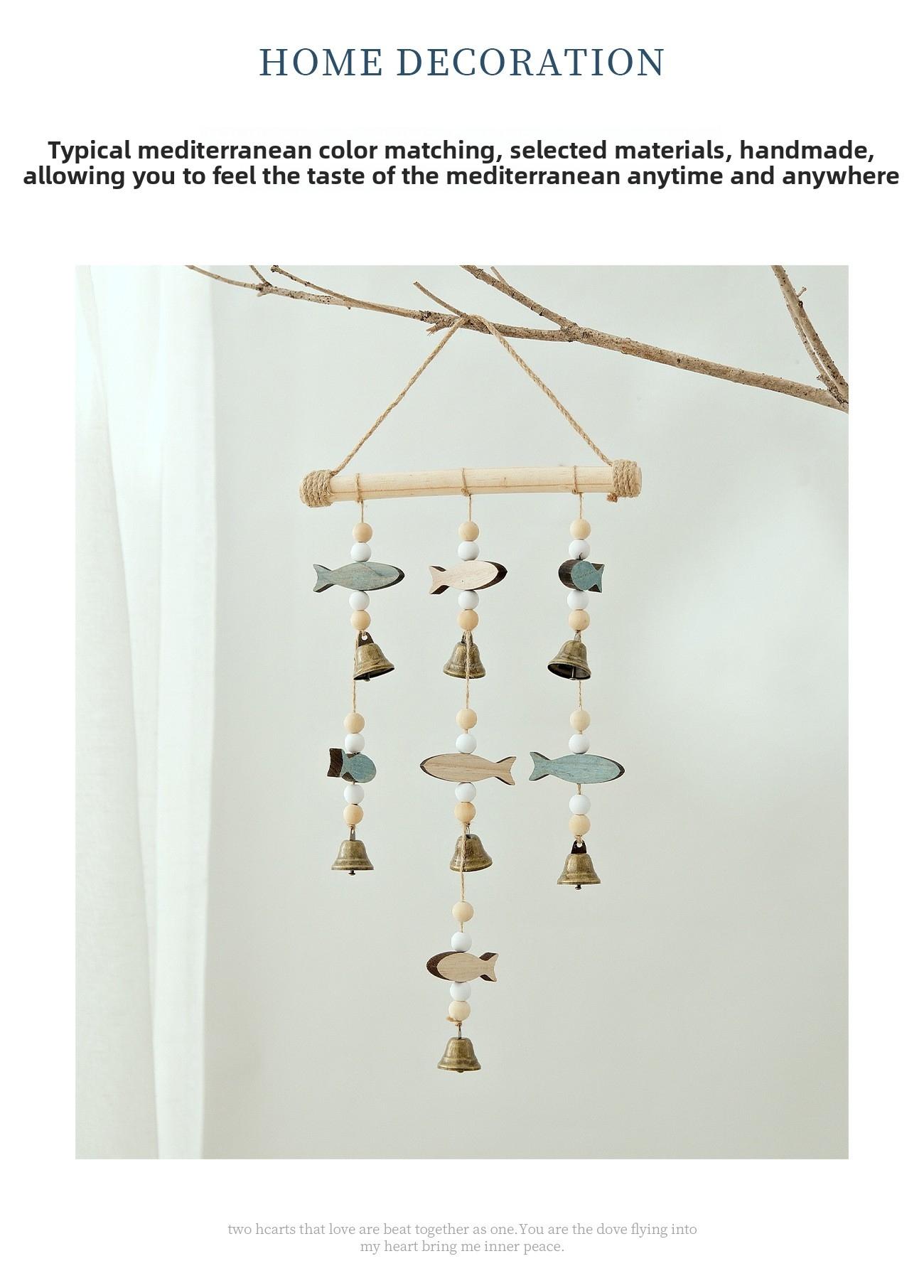 New Product Mediterranean Style Double-Sided Fish String Bell Wind Chime Pendant Wall Decoration Solid Wood Hemp Rope Creative Nordic Wall Hanging Ornament Home Decor Ornaments Wall Hanging Design