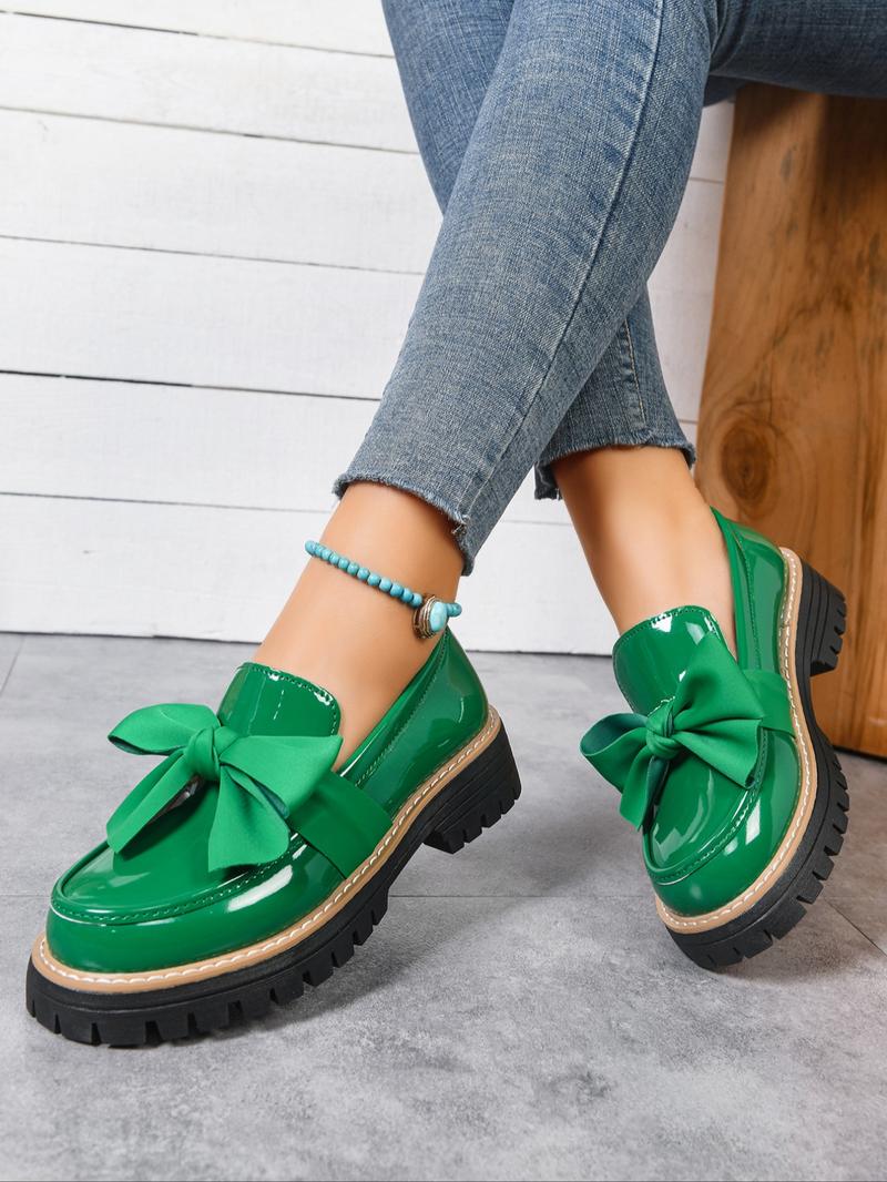 Women's Bowknot Loafers, Spring & Fall Casual PU Leather Shoes, Plain Pattern, Less Than Ankle Height, PVC Sole