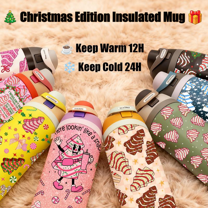 1 Pc19/24/32oz double wall insulated thermal mug, leak-proof skinny vacuum cup, Christmas cake and tree dessert pattern, pink background festive design, keeps hot 12 hours cold 24 hours, perfect gift for women men, holiday travel mug for hot cold drinks