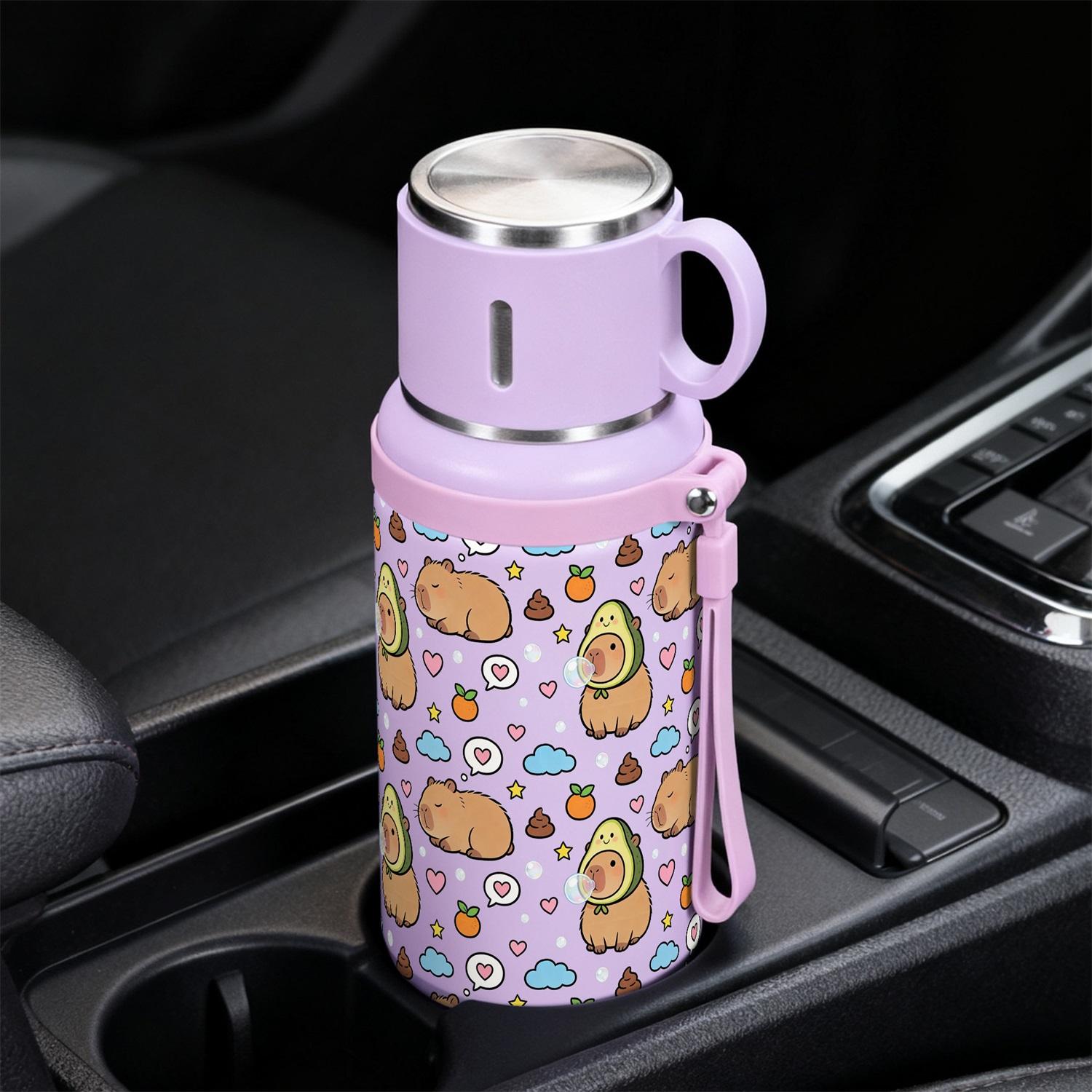 1PC, 20oz Insulated Stainless Steel Water Bottle, Vacuum Flask with Cup Lid That Doubles as Handle Cup, Double Wall Insulated Travel Mug, Portable for Camping, Hiking, School & Office, Cute Capybara Pattern, Ideal