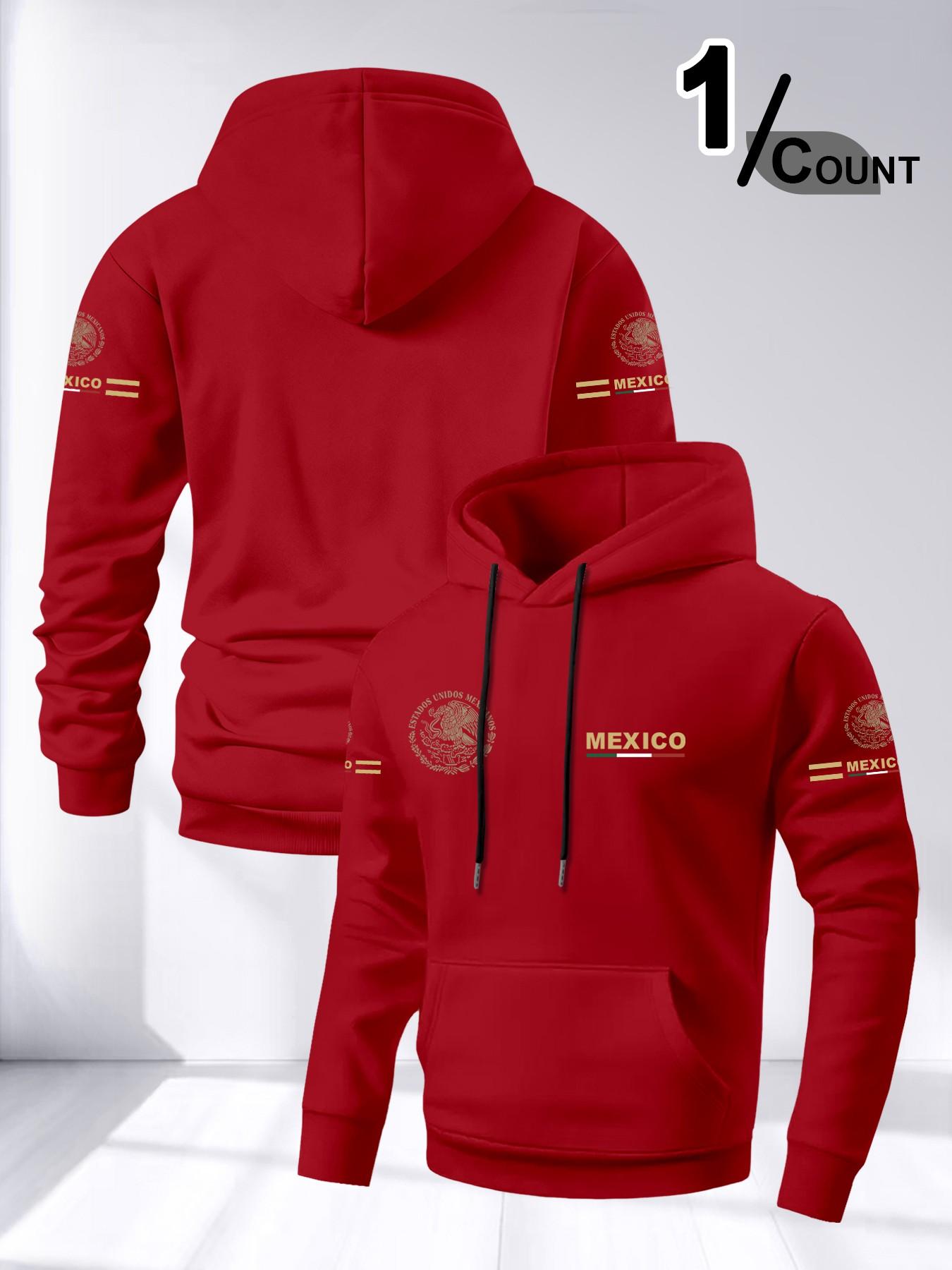 Men's Long Sleeve Hooded Fleece Sweatshirt, Mexican Pattern Print, Loose Fit Drop Shoulder Design, Casual Daily Wear, Comfortable Fashion Pullover