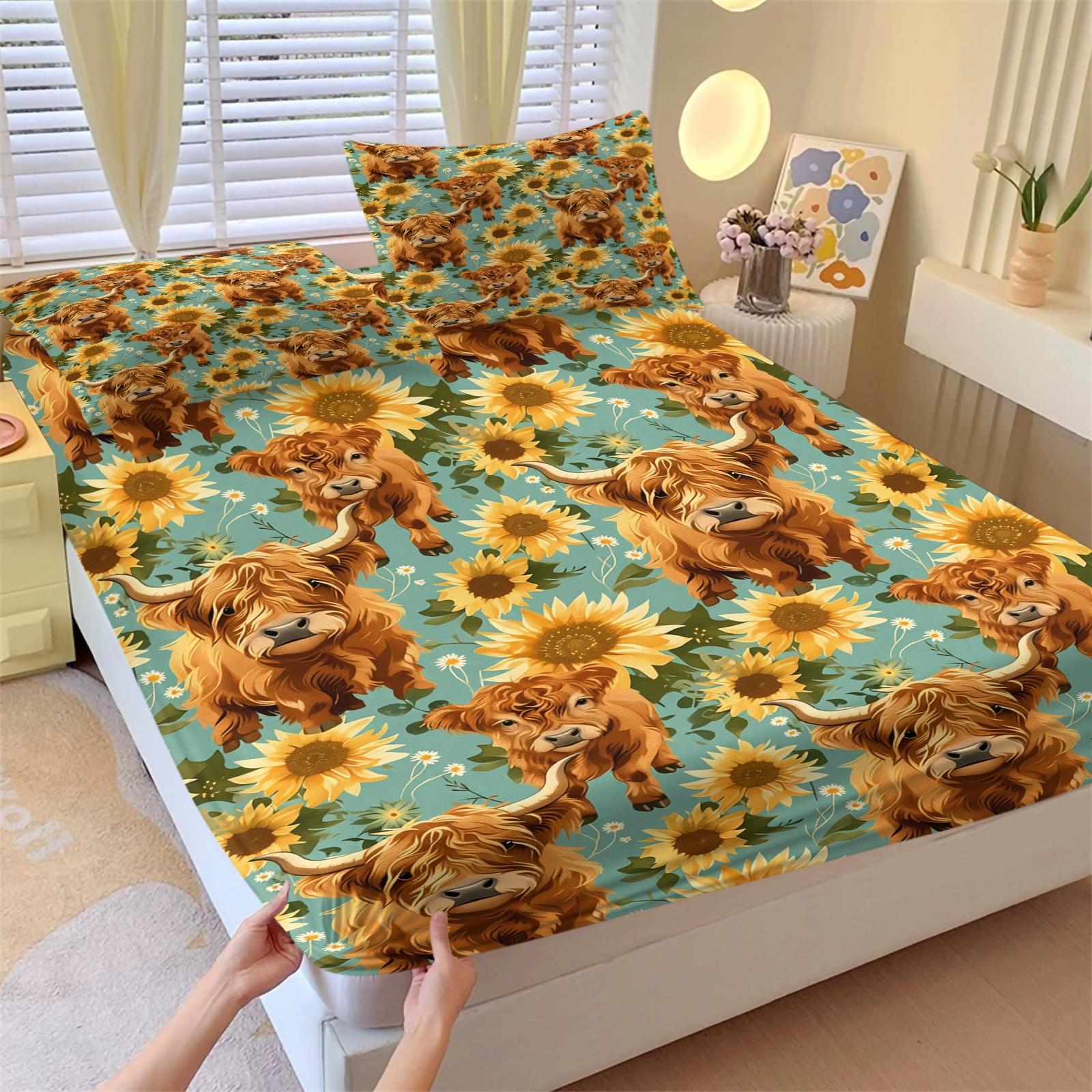 3-Piece Highland Cow & Sunflower Fitted Sheet Set, 1 Fitted Sheet + 2 Pillowcases, Soft Breathable Fabric, Non-Slip Mattress Cover, Floral Cow Bedding, Perfect for Teen Bedroom, Farmhouse Room Decor