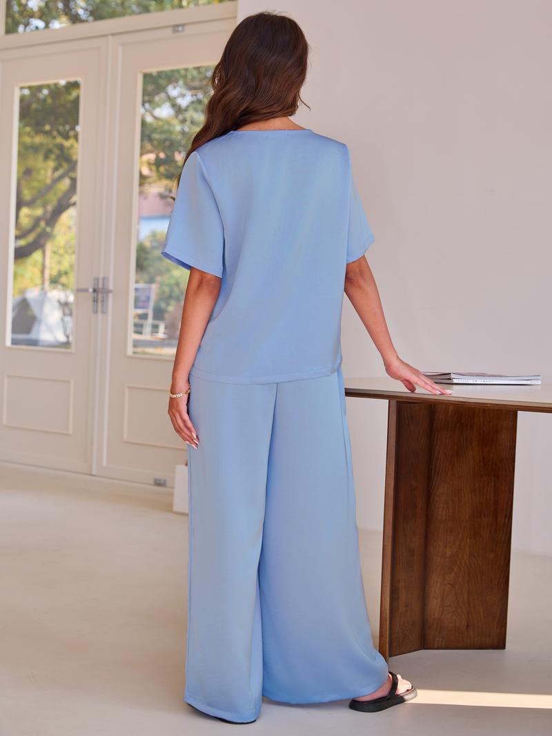 Joyfunear Women's Satin Silk Casual Summer Set Short Sleeve Hoodie with Loose Straight Pants Set Soft and Comfortable Home Clothes