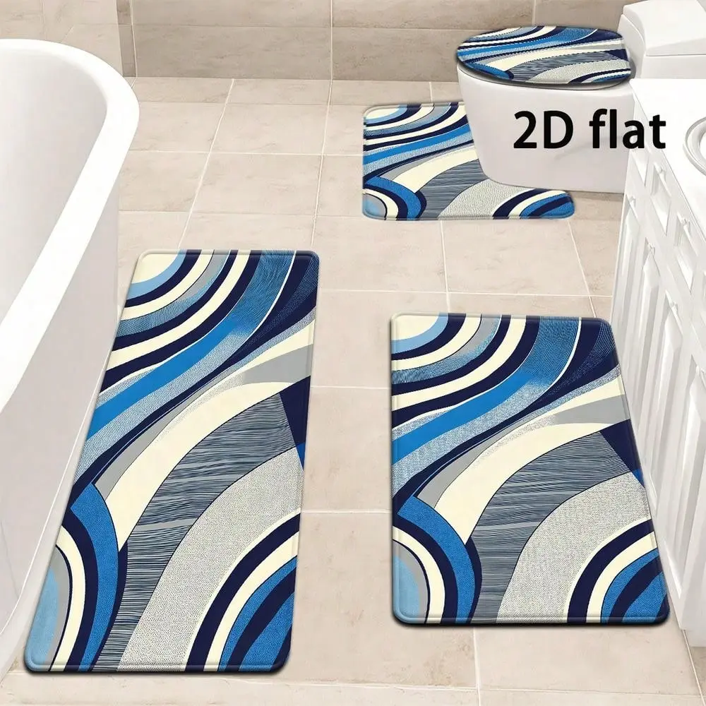 2D Flat, 2D Flat Printing 3pcs/4pcs Blue Ripple Curve Bathroom Mat Set, Modern Minimalist Style, Includes Toilet Lid Cover And Rug, Bathroom Decor, U-Shaped Foot Mat, 2D Flat,Christmas,Santa,non-slip,soft,home,Memory,large,floor,quick,mats,waterproof,foam