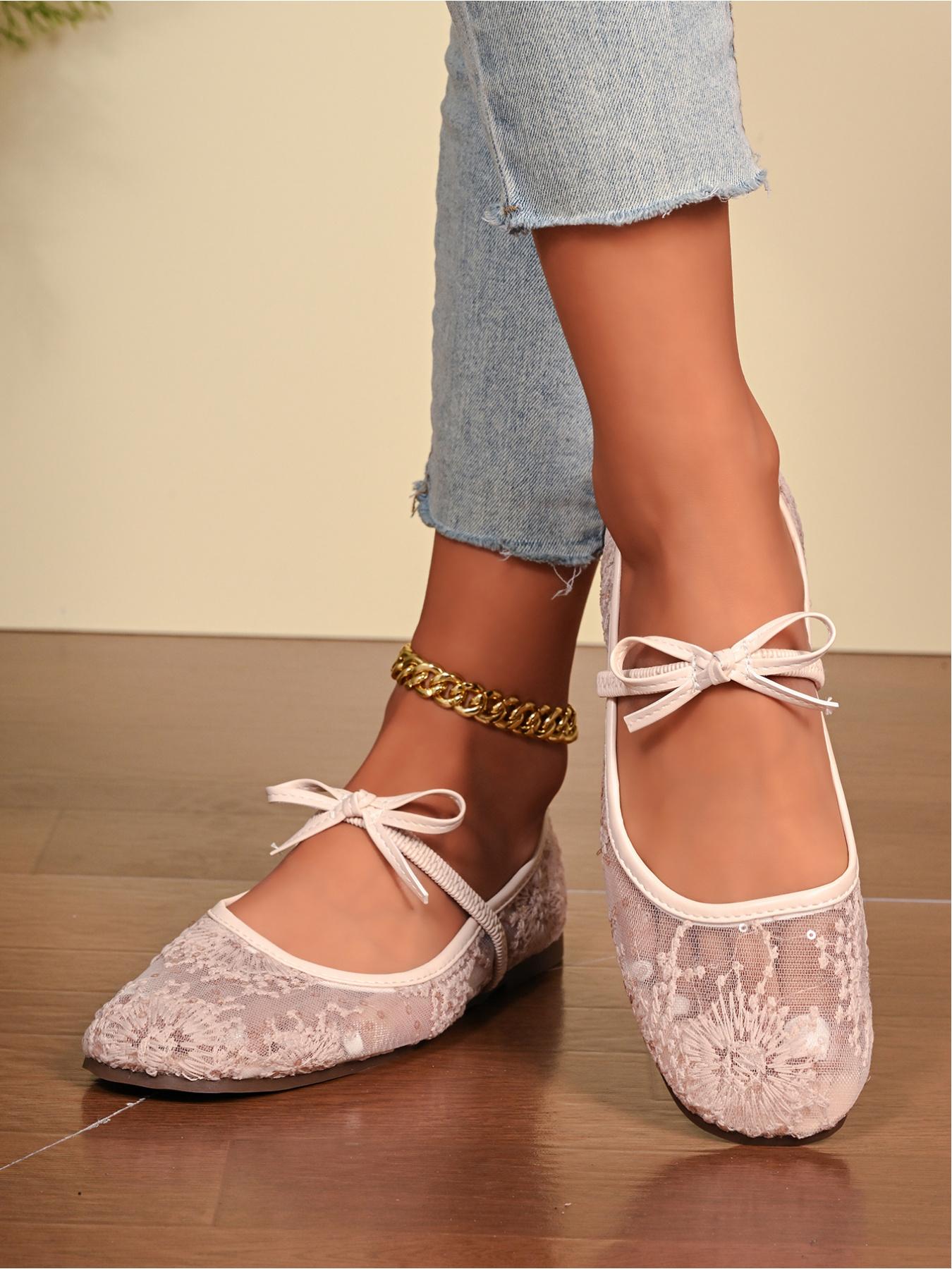 Women's Lace Mesh Mary Jane Flats, Bowknot Ballerina Shoes for Summer, Classic Ballet Flats, Casual Flat Footwear