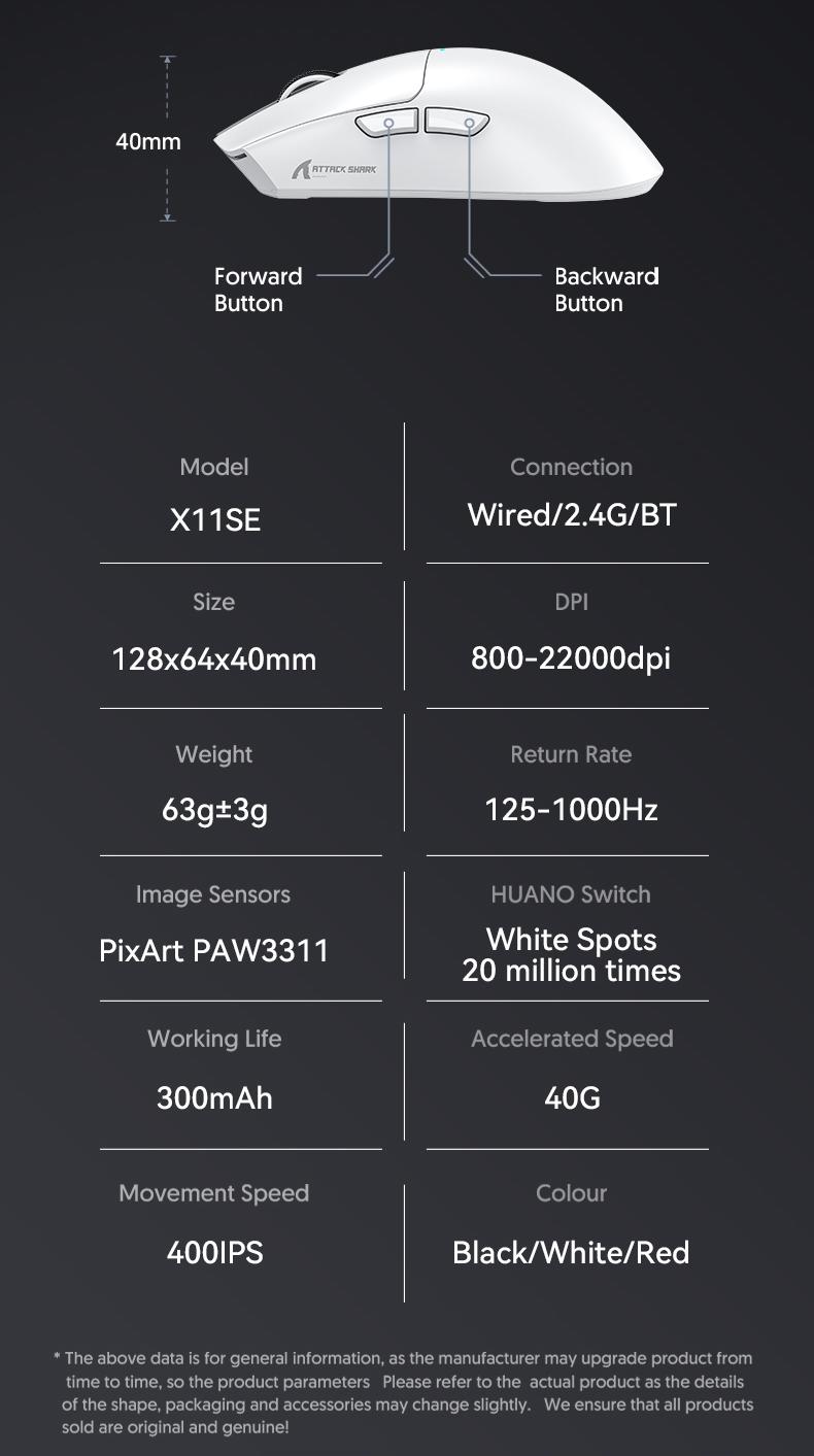 ATTACK SHARK X11SE Wireless Gaming Mouse ATTACK SHARK X11SE Gaming Mouse, PixArt PAW3311 Gaming Sensor, BT/2.4G Wireless/Wired