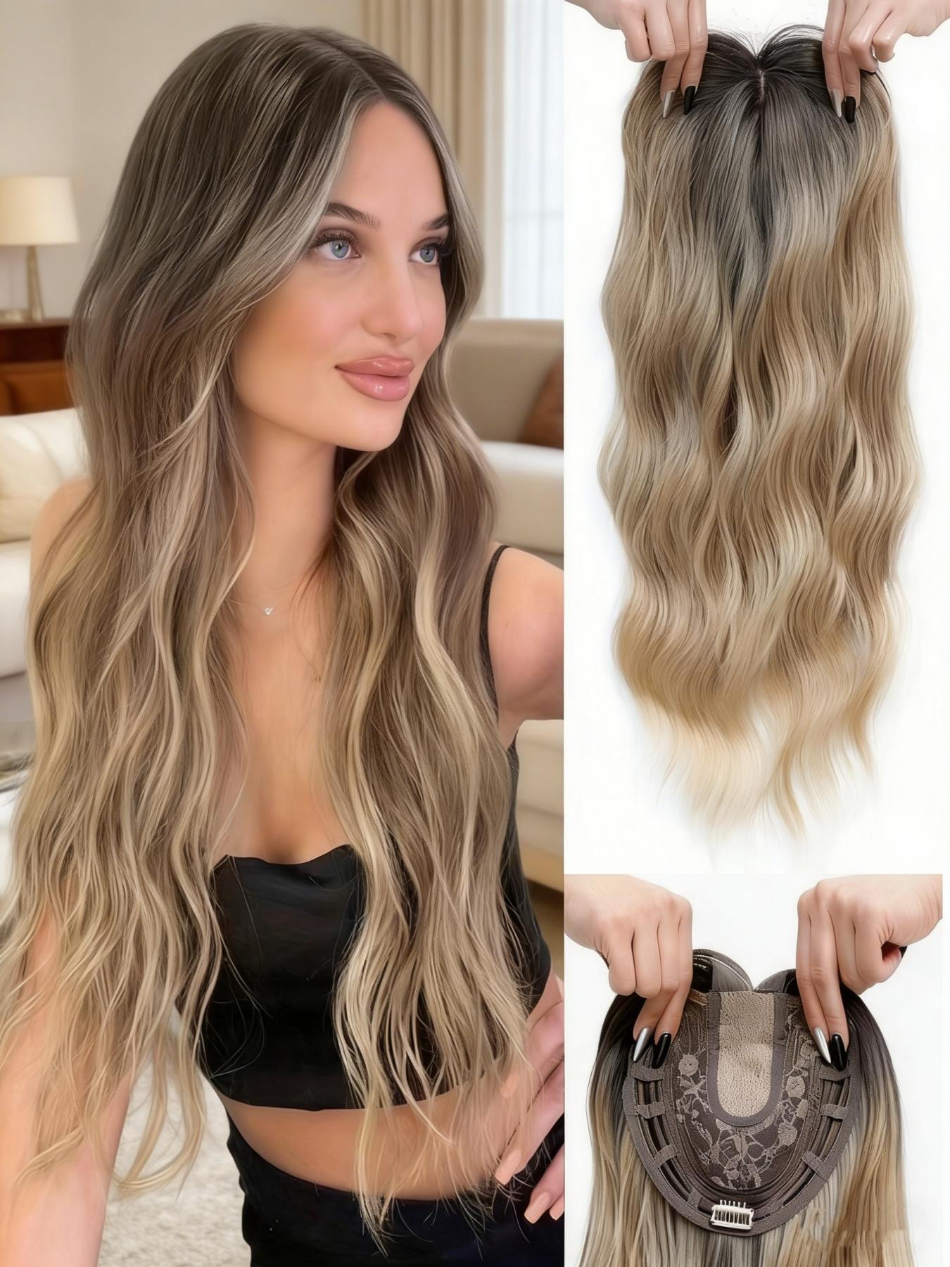 🔥 No More Bad Hair Days! 22" Dark Brown Wavy Clip-In Hair Topper, Invisible Lace Base, Premium Synthetic Hair, Seamless Blend for Thinning Hair & Instant Glam!