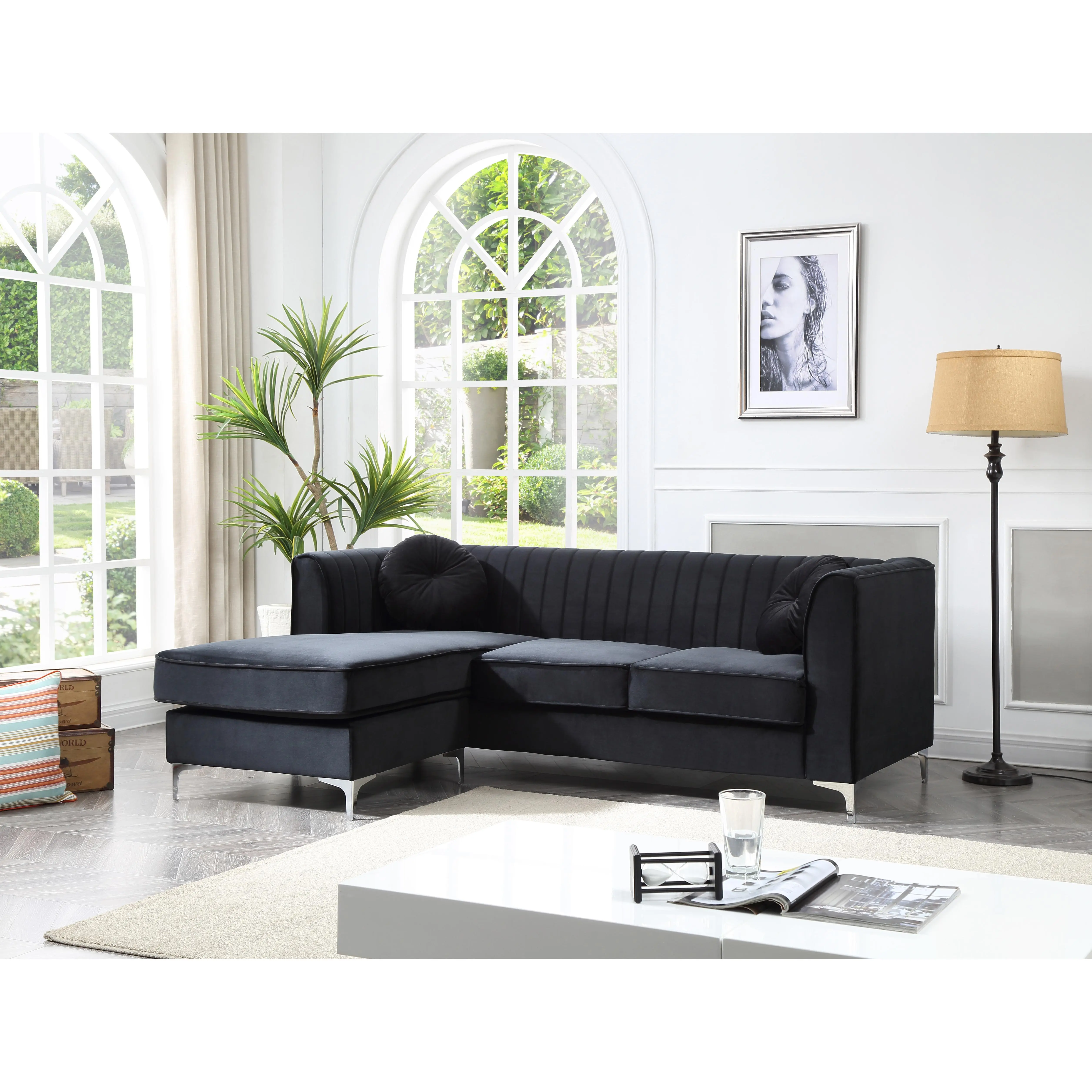 ARCH Delray G793B-SC Sofa Chaise with Ottoman, 3-Piece Living Room Furniture Set, Modern Couch and Chaise Lounge, Black Fabric Upholstered Sofa for Apartment, Home Theater, Family Room, Easy Assembly, 3 Boxes, Living Room Furniture for Apartment