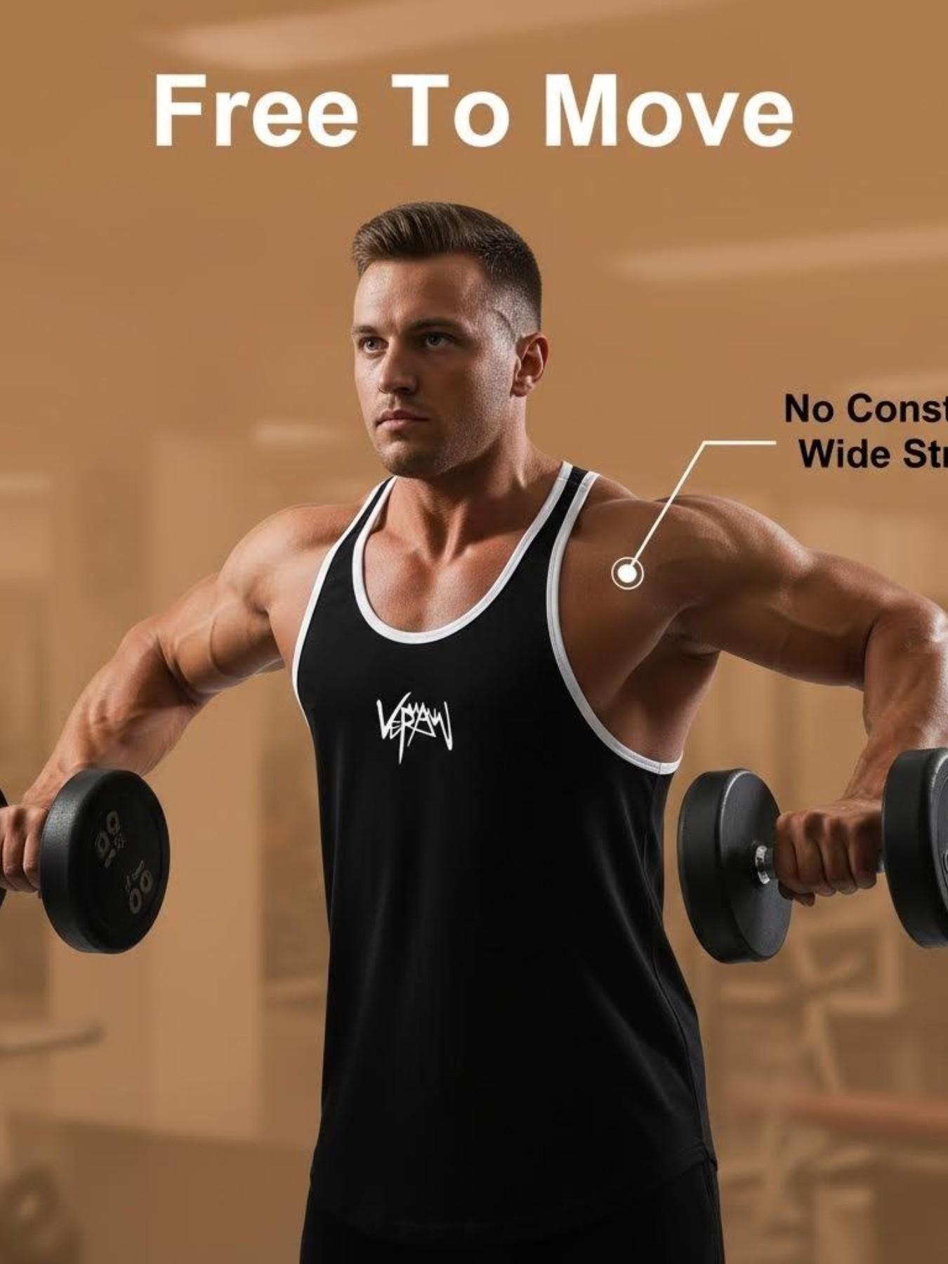 American Loose Fitness Tank Top for Men, Colorblock Letter Pattern, Sleeveless Long Training Vest, Quick-Dry Sportswear