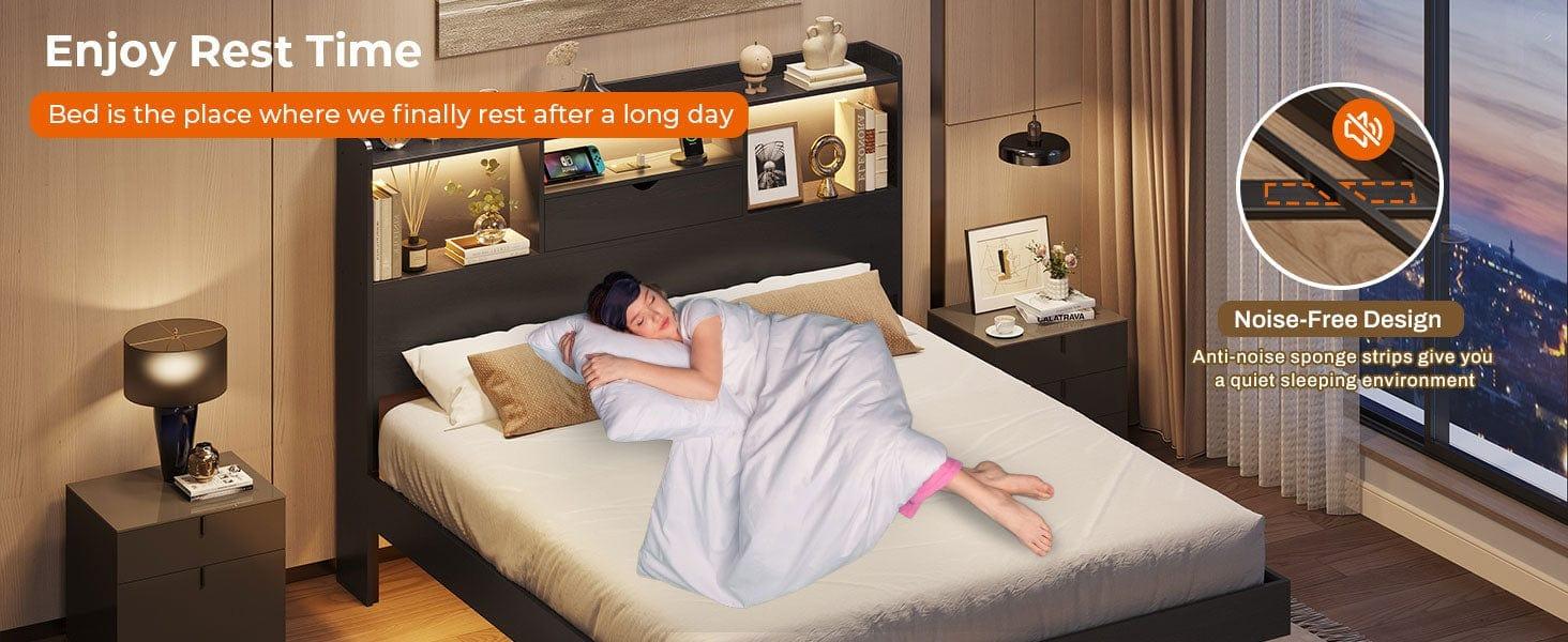 Sikaic Queen Floating Bed Frame with LED Lights and Headboard Storage Black Modern Metal Platform Visual Floating Bed with Charing Station