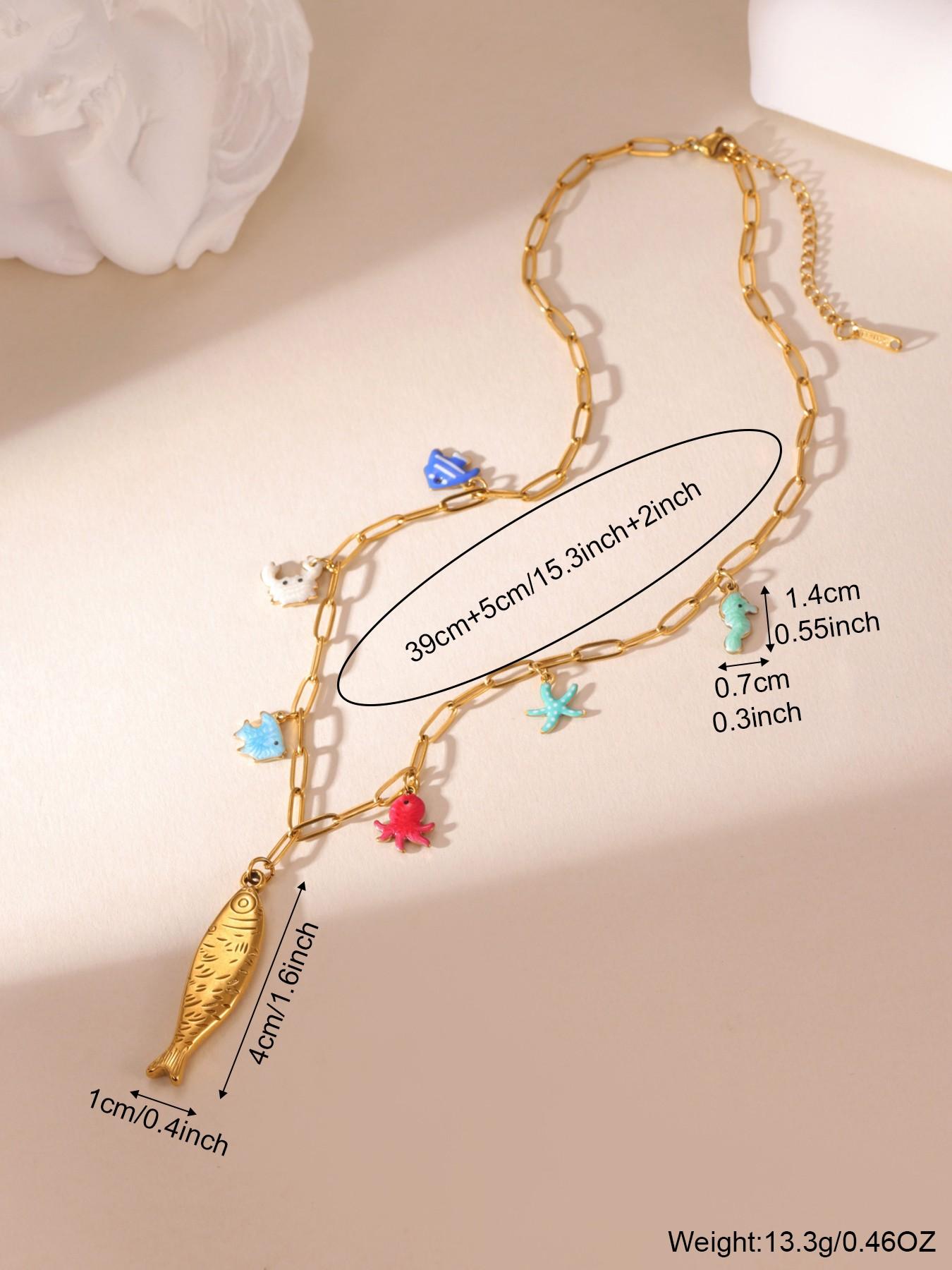 Unique Design Enamel Ocean Fish Sun Seahorse Starfish Charm Gold Necklace Lightweight All Season For Women Vacation Wear