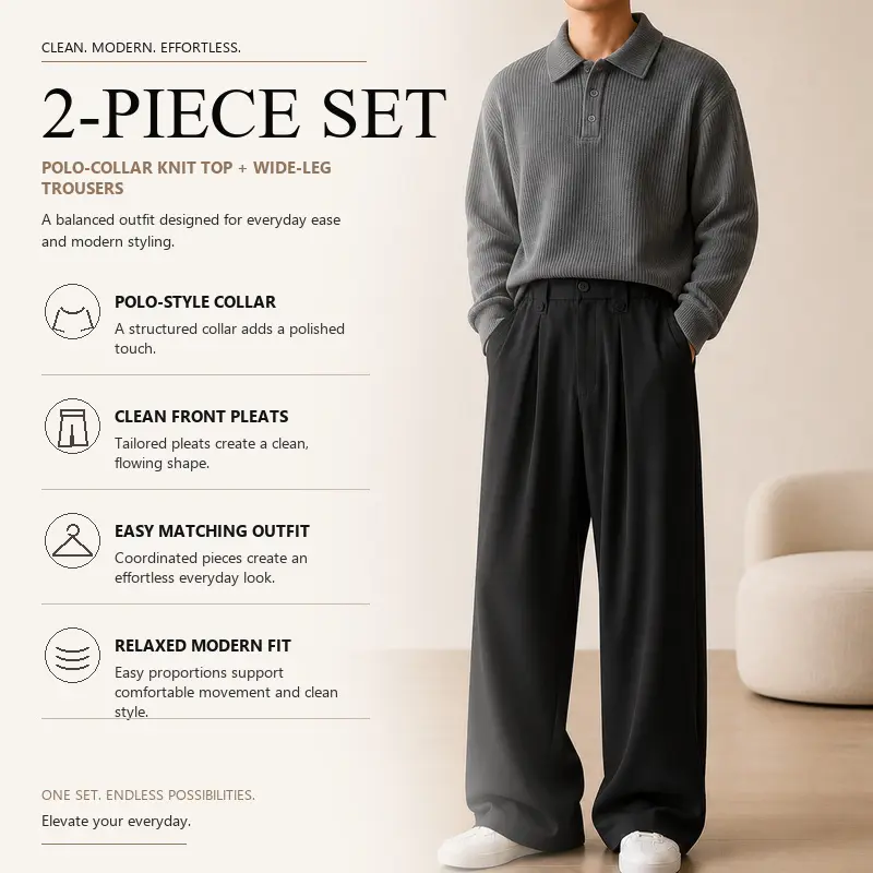 Men's Coordinated 2-Piece Knit Outfit, Polo Collar Ribbed Knit Sweater with Wide Leg Tailored Pants, 8 Curated Solid Color Pairings, Sizes S-XXL, Daily Work Travel Style, Group 9