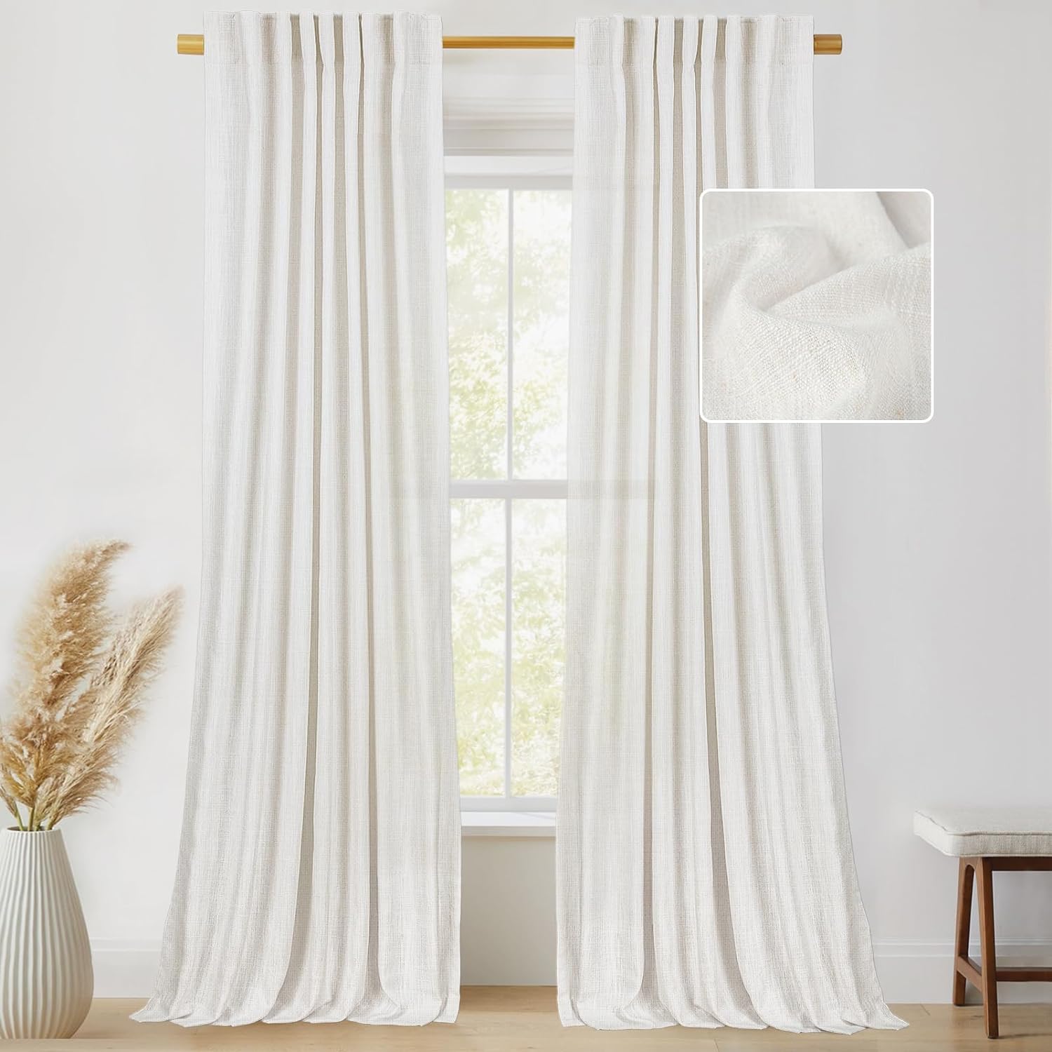 Inovaday 2pcs Linen Curtains for Living Room Bedroom, Unlined Curtains Drapes Back Tab Semi Sheer Privacy Curtains, Light Filtering Farmhouse Outdoorfun