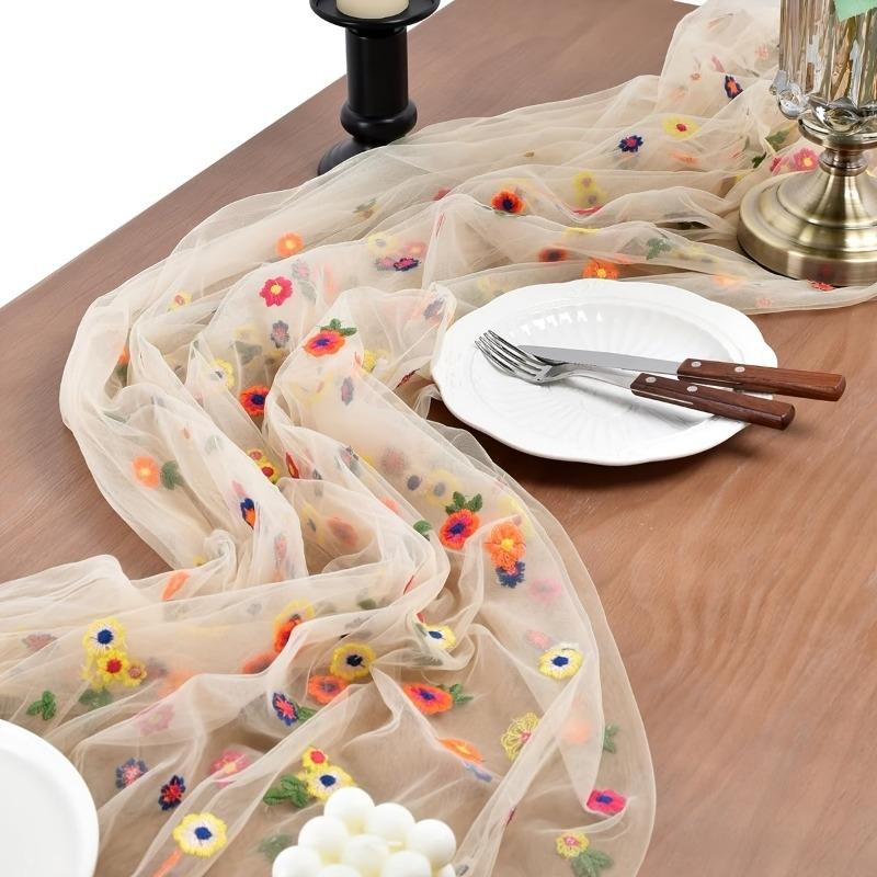 Embroidered Chiffon Table Runner, Daisy Floral Design, Ideal for Weddings, Parties, Home Decor, Outdoor Events, Perfect for Tables and Chairs