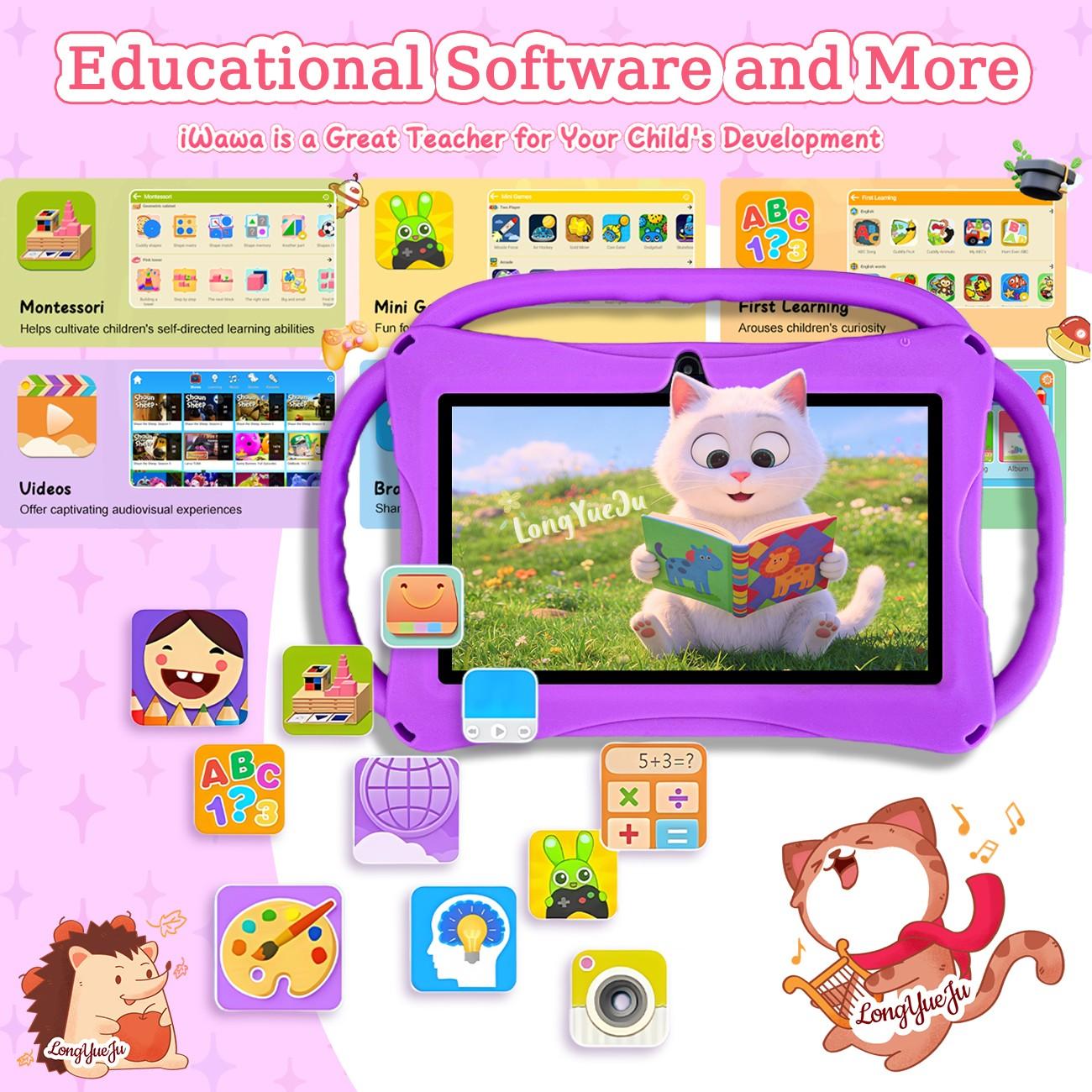 7-inch ultra light children's tablet, Childrens tablet, Toddler tablet, Kid Tablet, One handed grip for children, Anti fall silicone cover+parental whitelist control, Pre installed offline learning content for sofa/car/travel, Blue kindergarten birthday