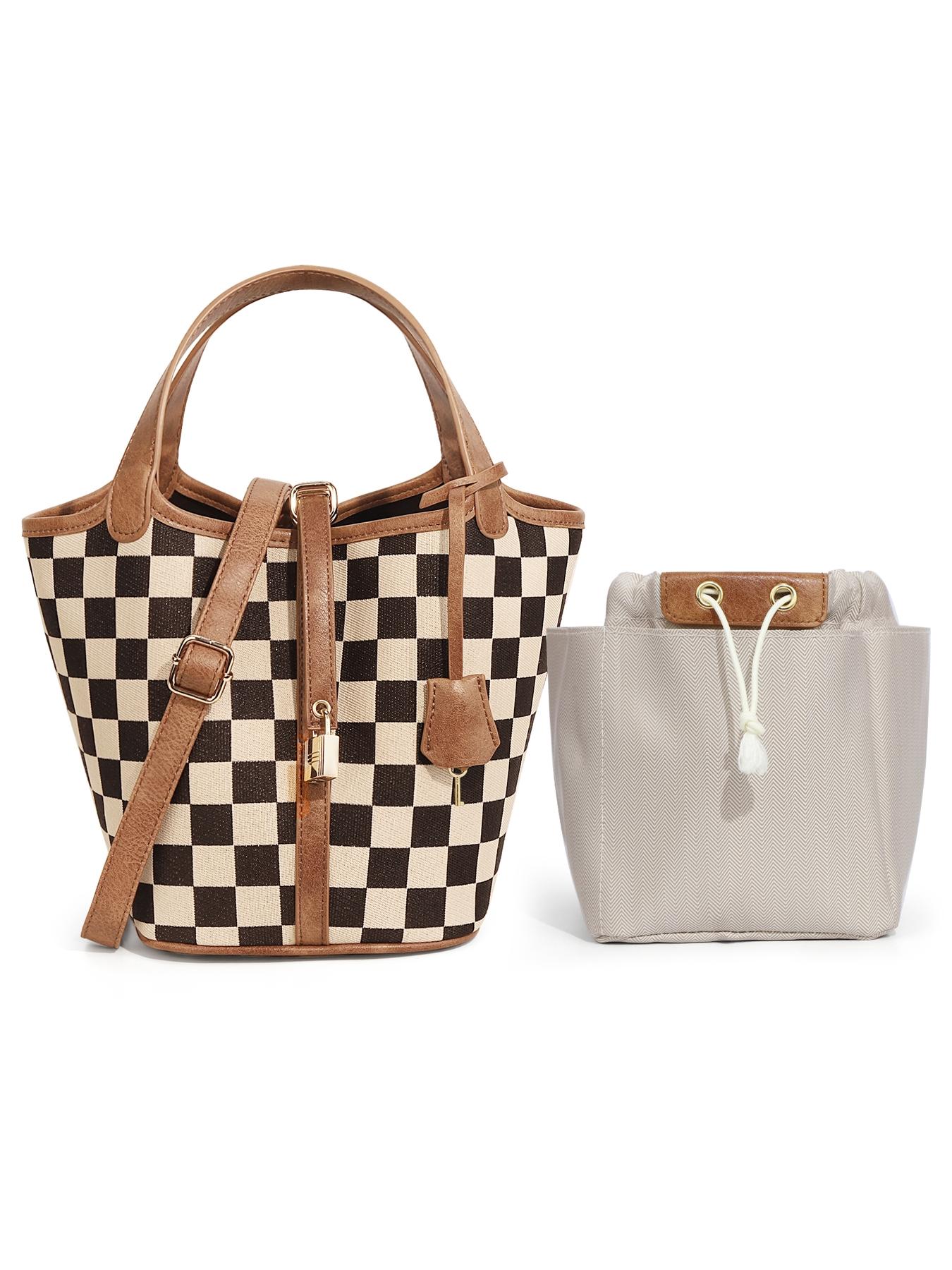 Women's Plaid Checkered Crossbody Bag, Polyester Bucket Bag for Women, Fashionable Bucket Bag, Vegetable Basket Shape Satchel with Top Handle Bags, Multi-Functional, Lightweight Adjustable Purse Handbags, Holidays Gift, Suitable For Work