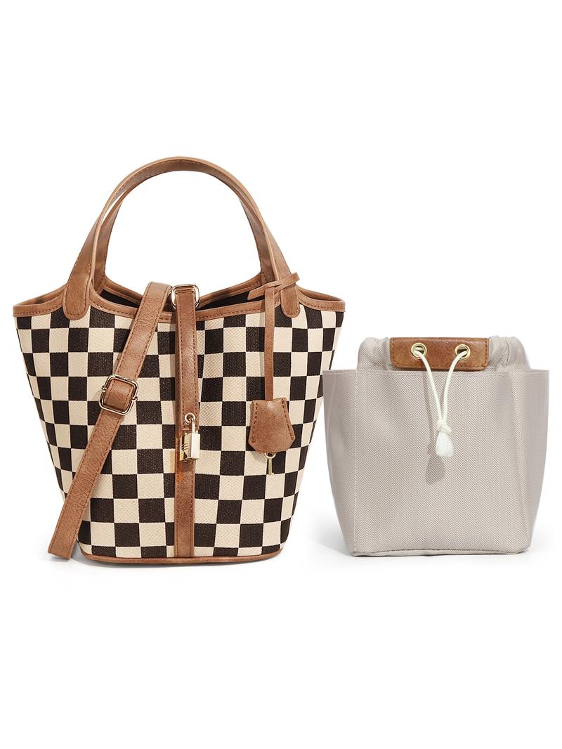 Women's Plaid Checkered Crossbody Bag, Polyester Bucket Bag for Women, Vegetable Basket Shape Satchel with Top Handle Bags - Stylish, Multi-Functional, Lightweight And Casual Adjustable Purse Handbags to Shopping bag and Holidays Gift, Suitable For Work