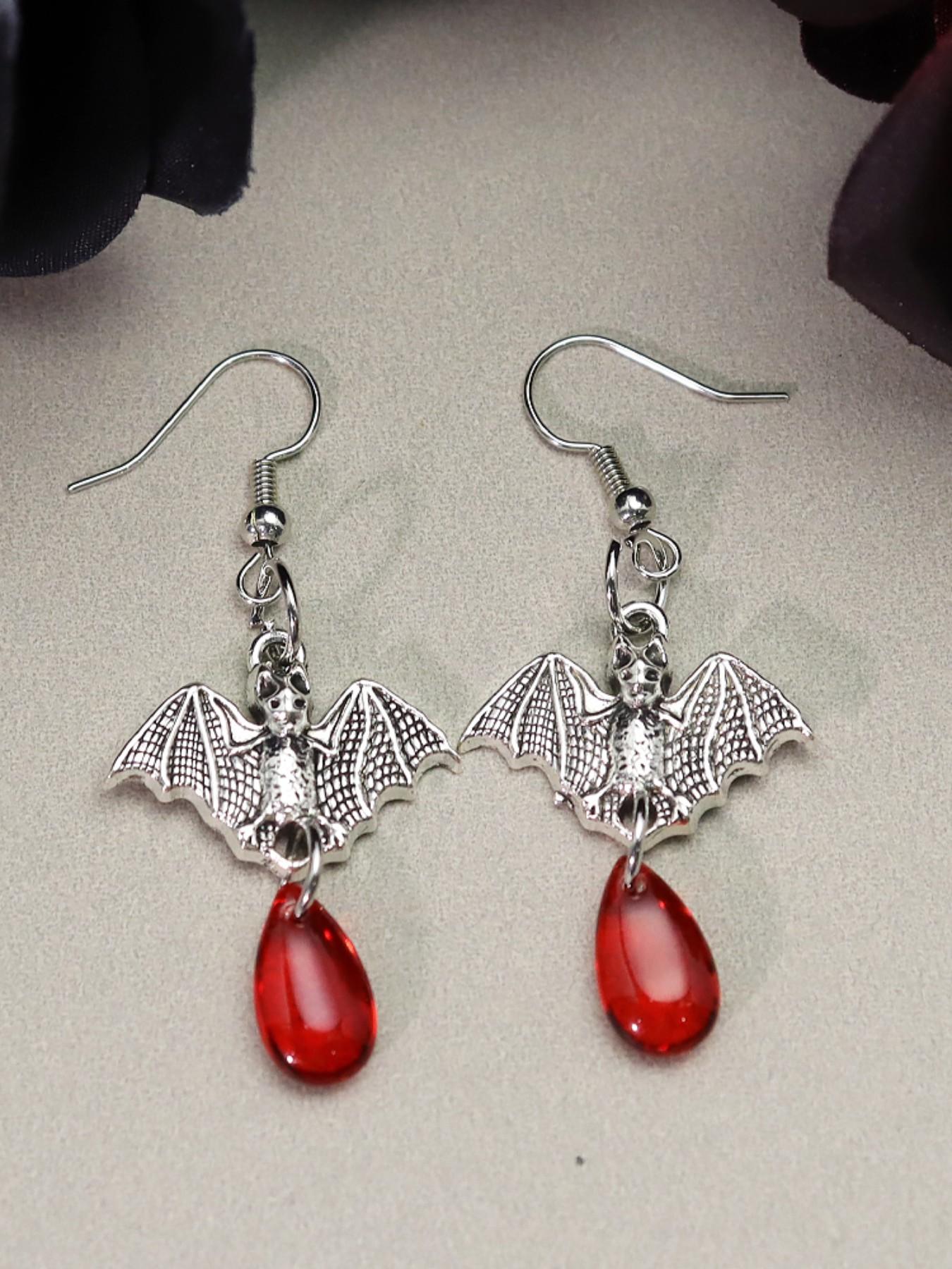 Gothic Bat Blood Drop Jewelry Set, Vintage Black Bead Chain Necklace Earrings, Punk Dark Aesthetic Halloween Jewelry