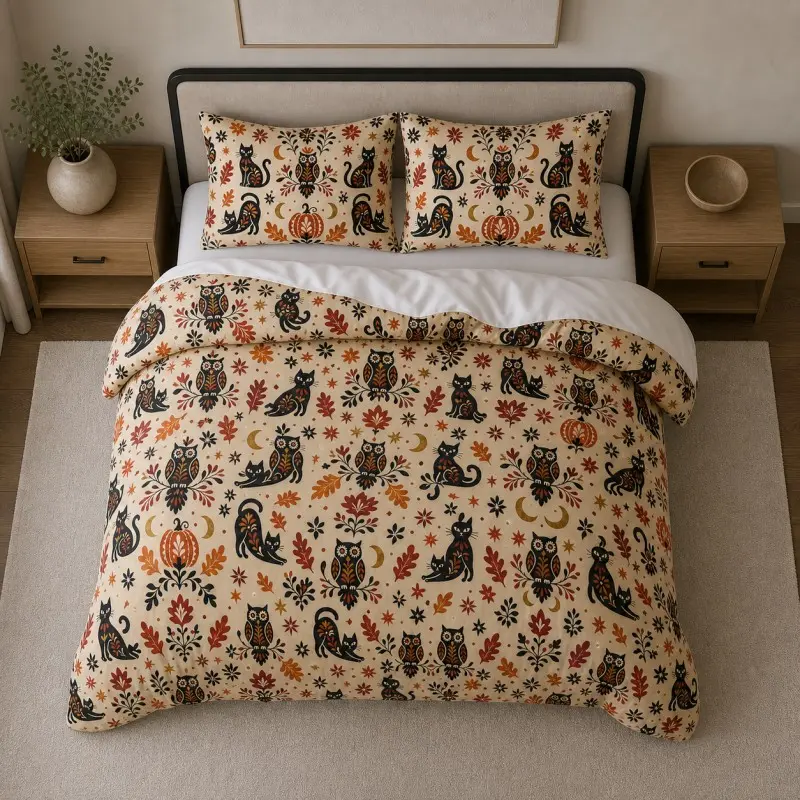 3-Piece Halloween Owl Print Bedding Set, Soft Breathable, Zipper Closure, Includes 1 Duvet Cover and 2 Pillowcases